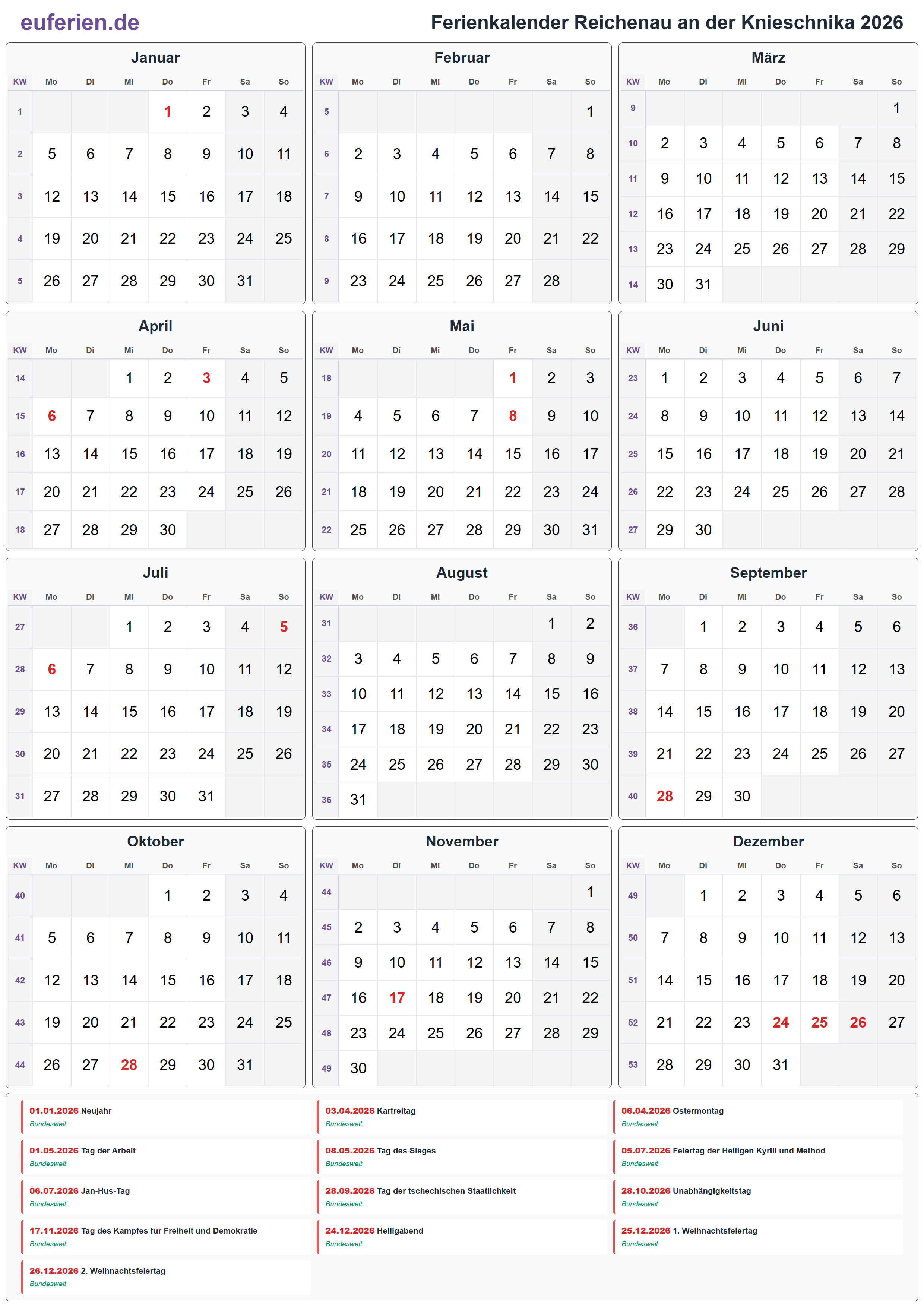 Ferienkalender Reichenau an der Knieschnika 2026 – Hochformat