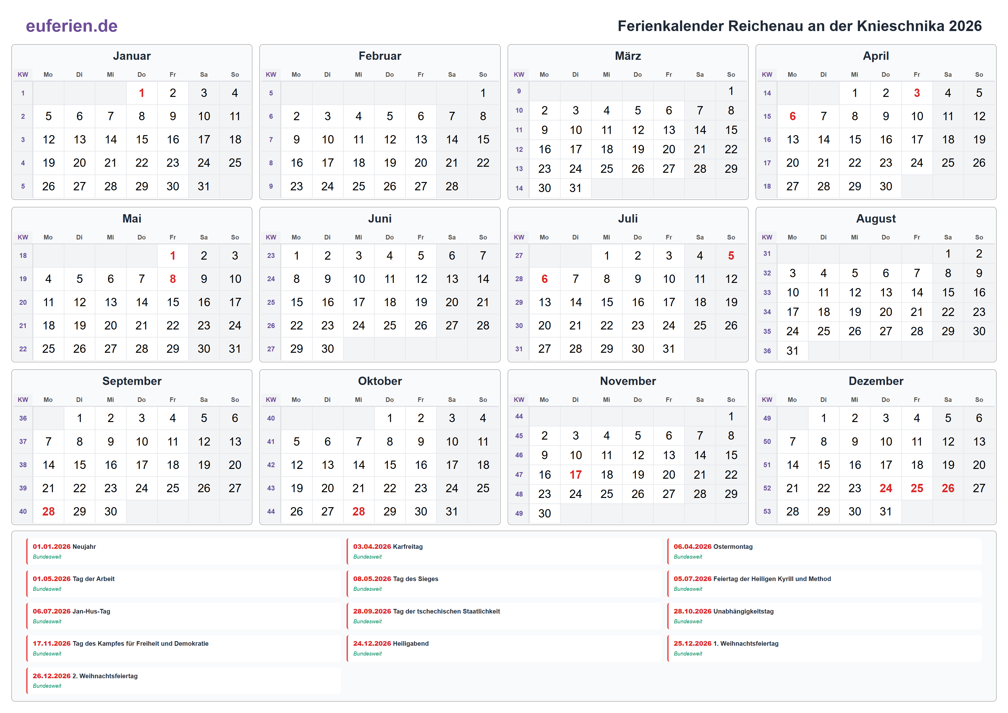 Ferienkalender Reichenau an der Knieschnika 2026 – Querformat