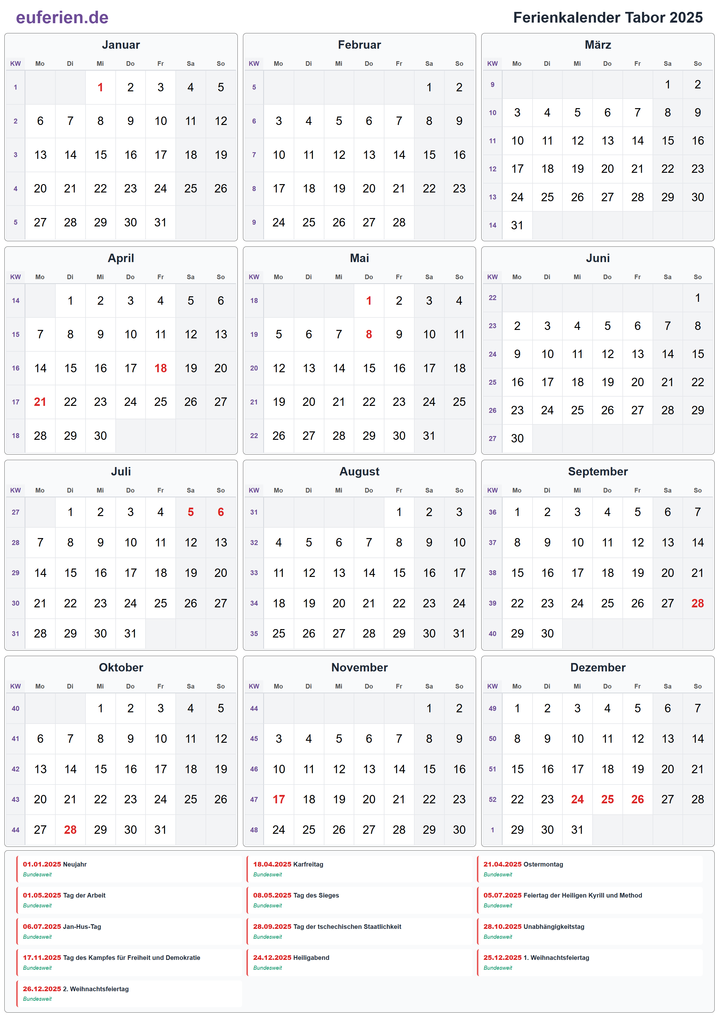 Ferienkalender Tabor 2025 – Hochformat
