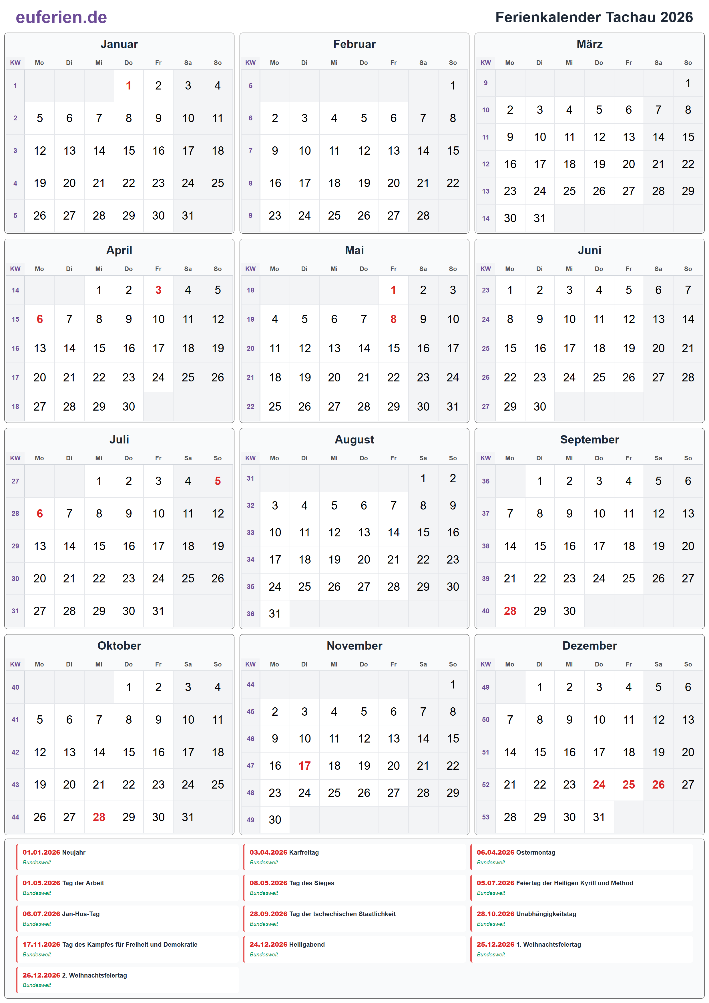 Ferienkalender Tachau 2026 – Hochformat