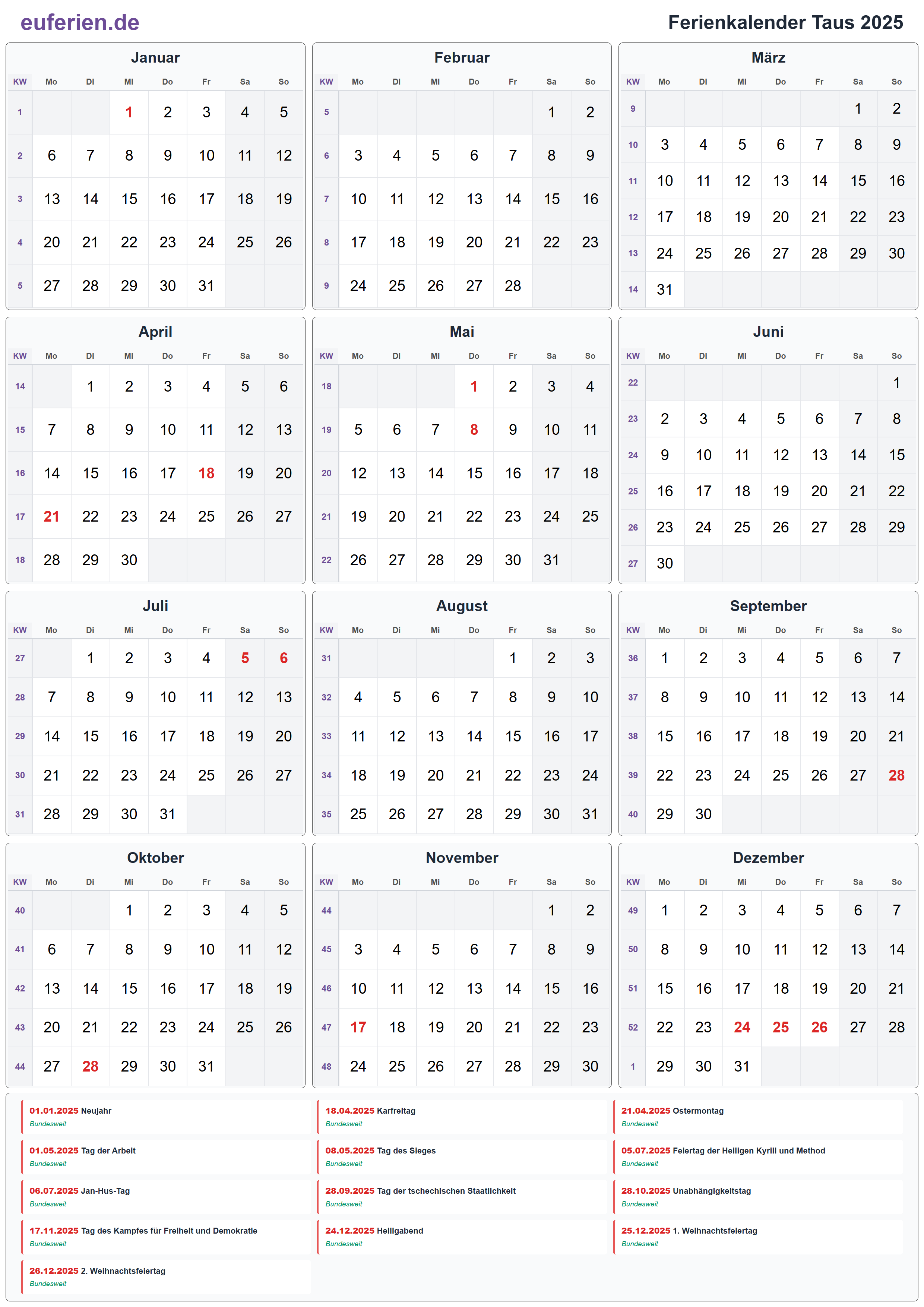 Ferienkalender Taus 2025 – Hochformat