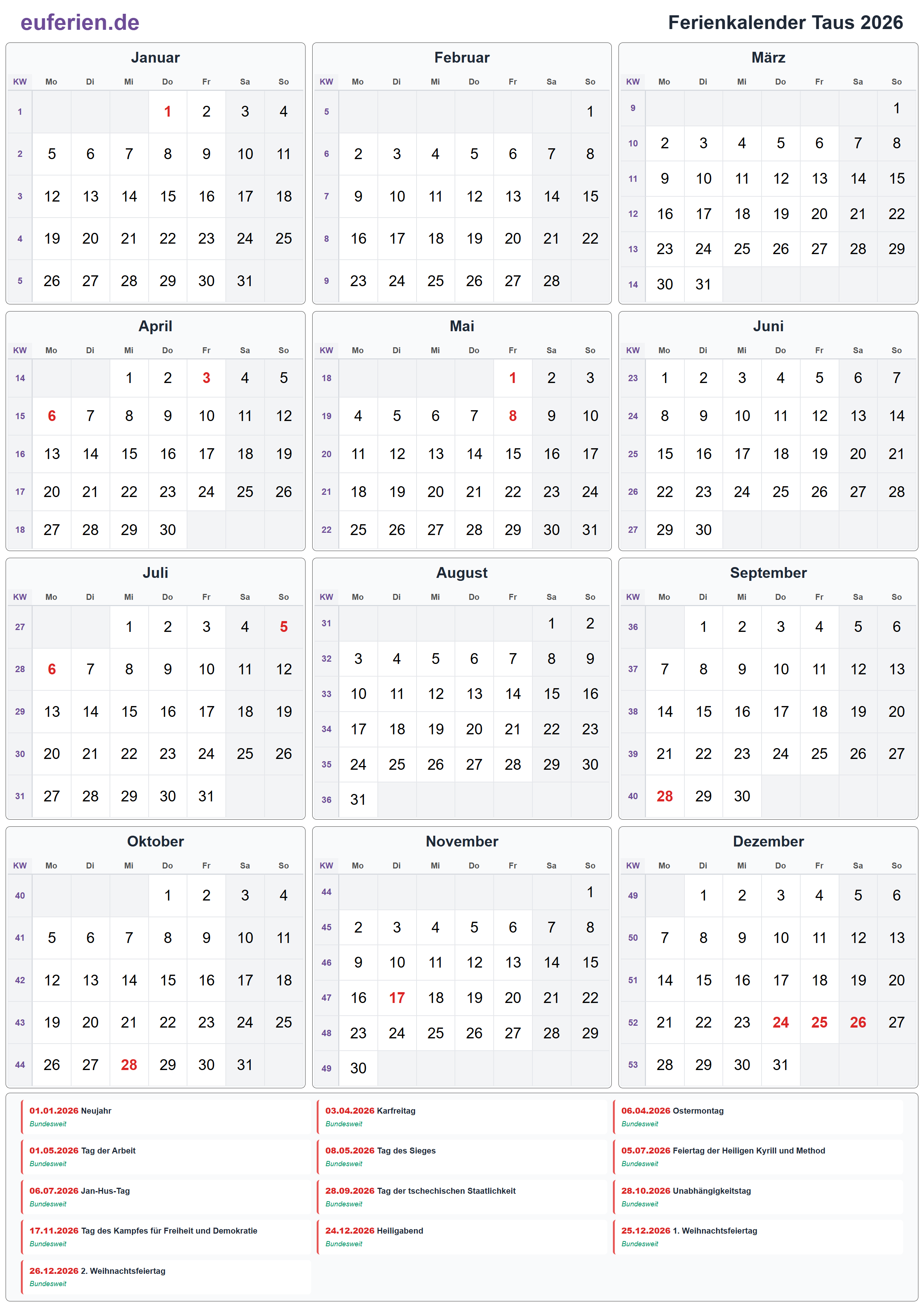 Ferienkalender Taus 2026 – Hochformat