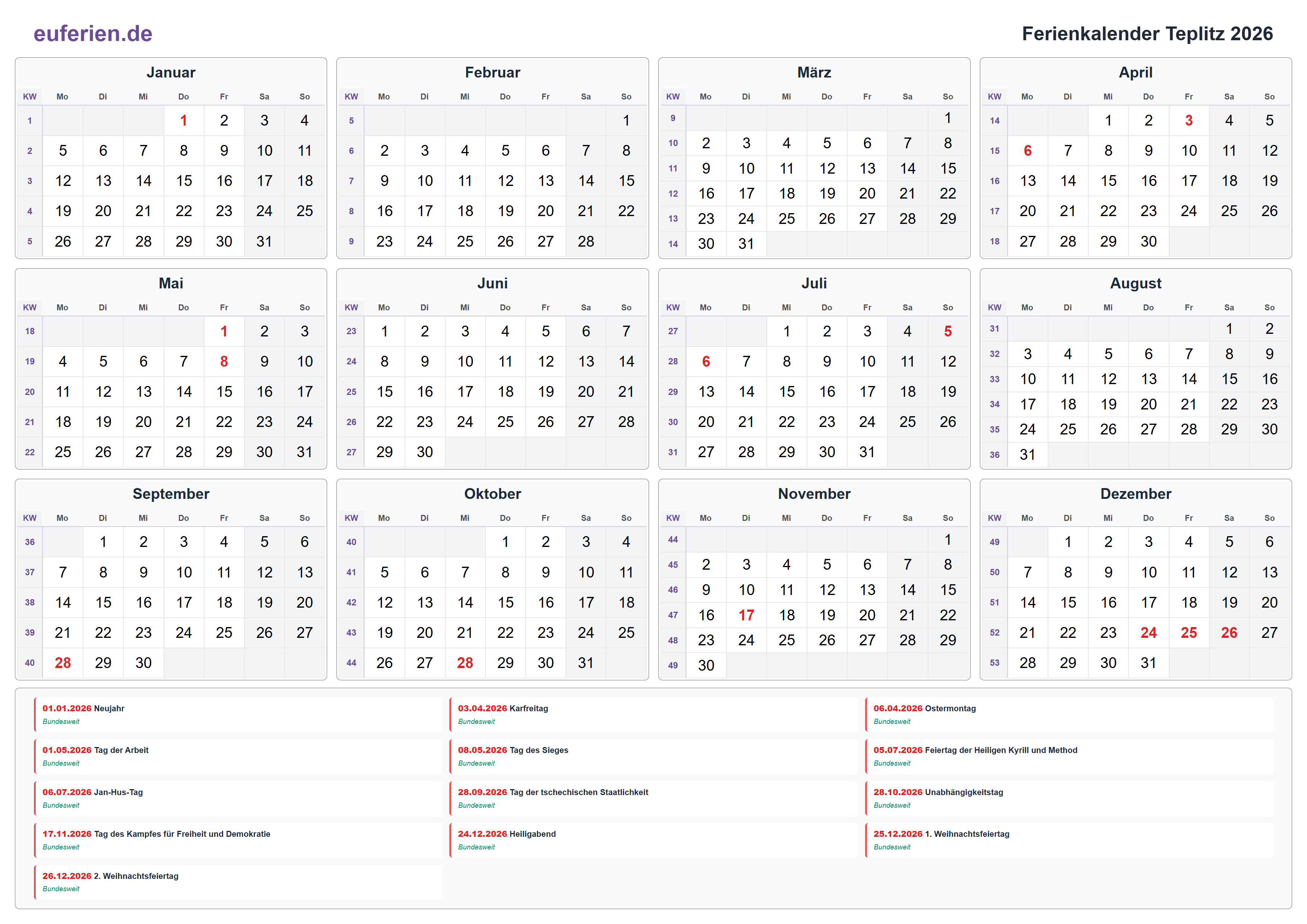 Ferienkalender Teplitz 2026 – Querformat