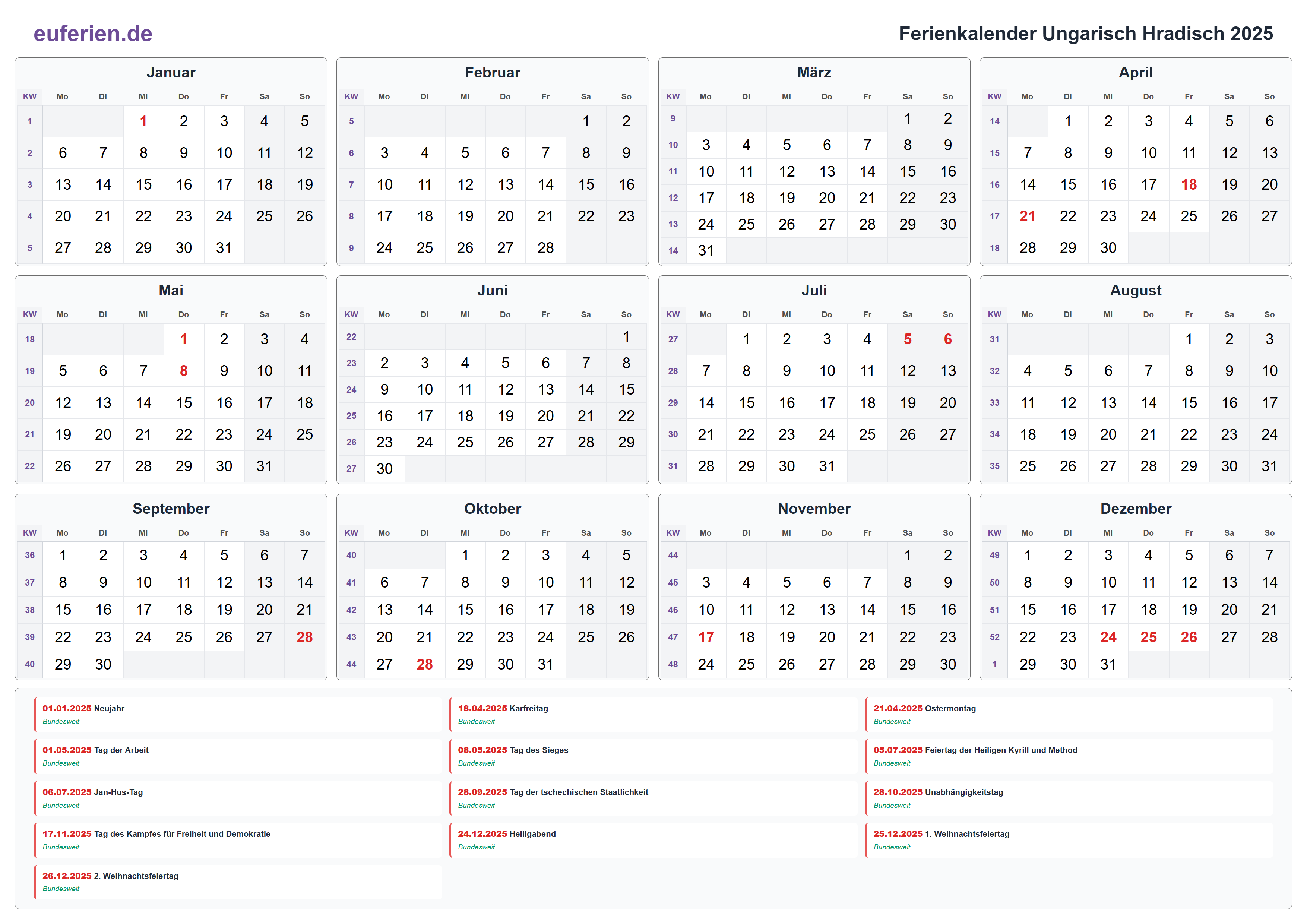 Ferienkalender Ungarisch Hradisch 2025 – Querformat