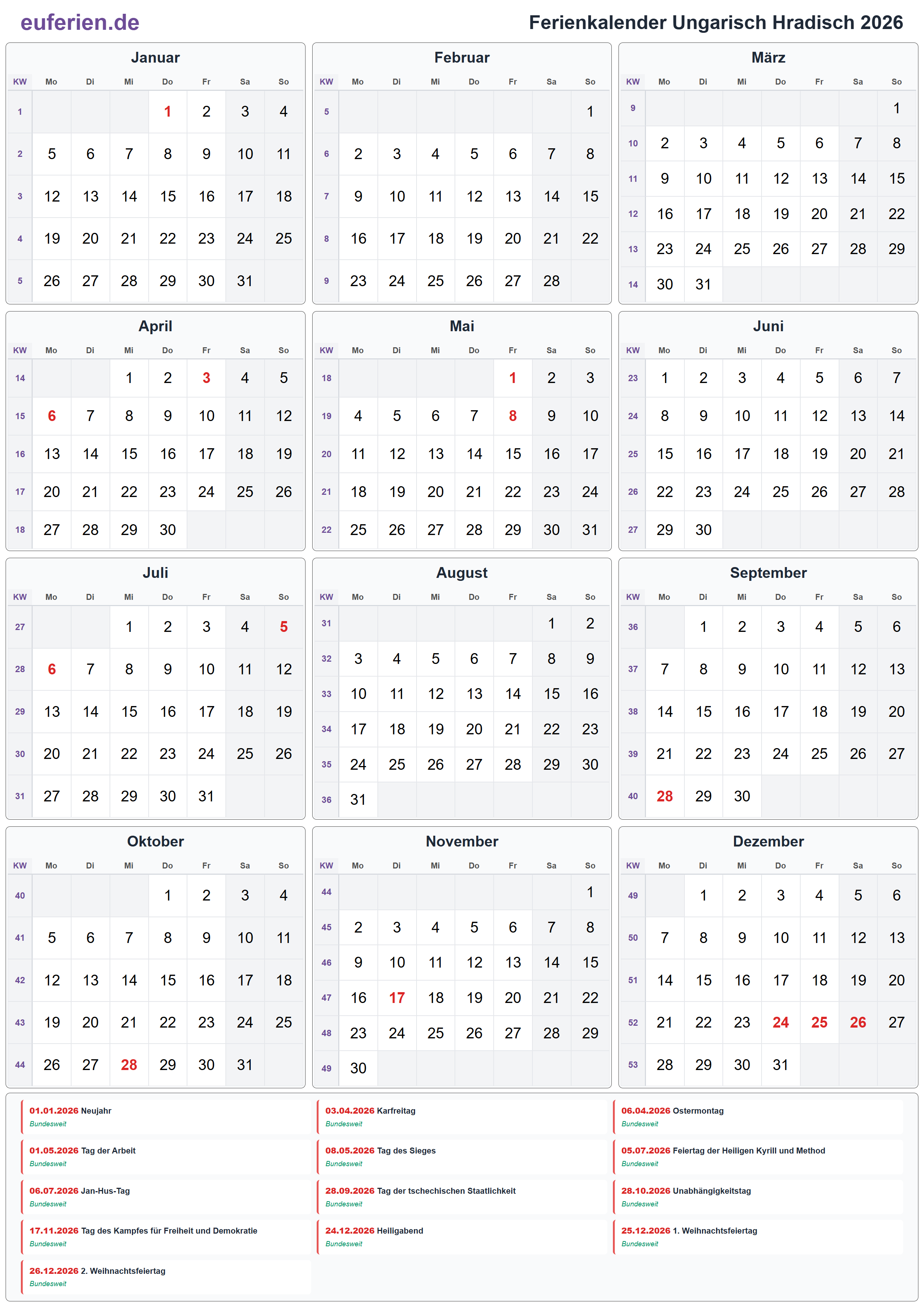 Ferienkalender Ungarisch Hradisch 2026 – Hochformat