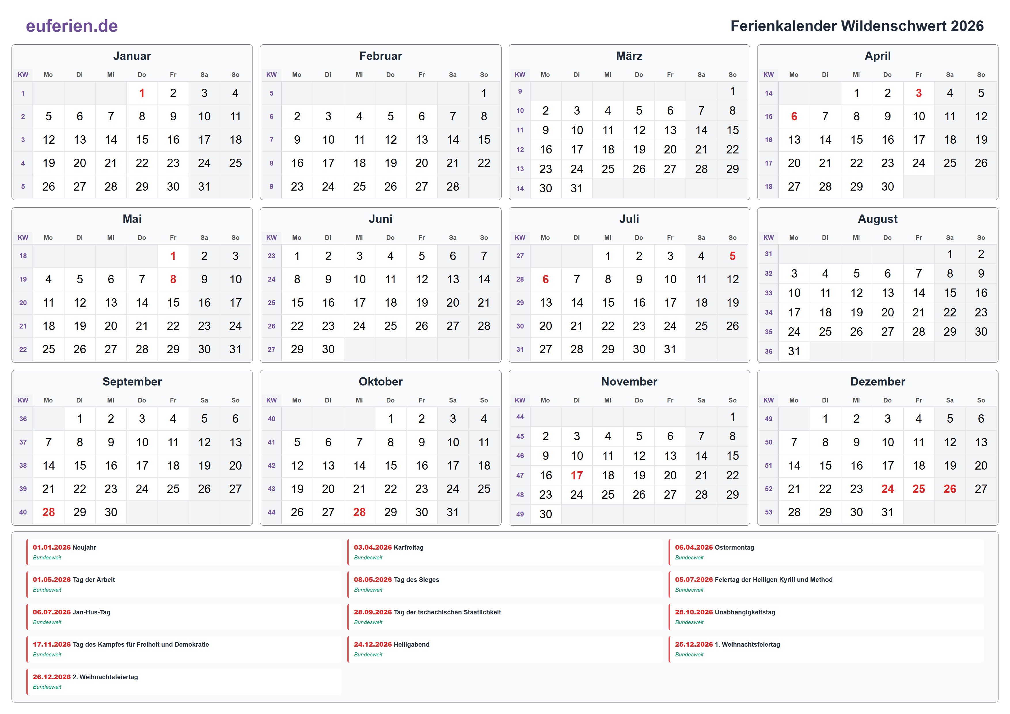 Ferienkalender Wildenschwert 2026 – Querformat