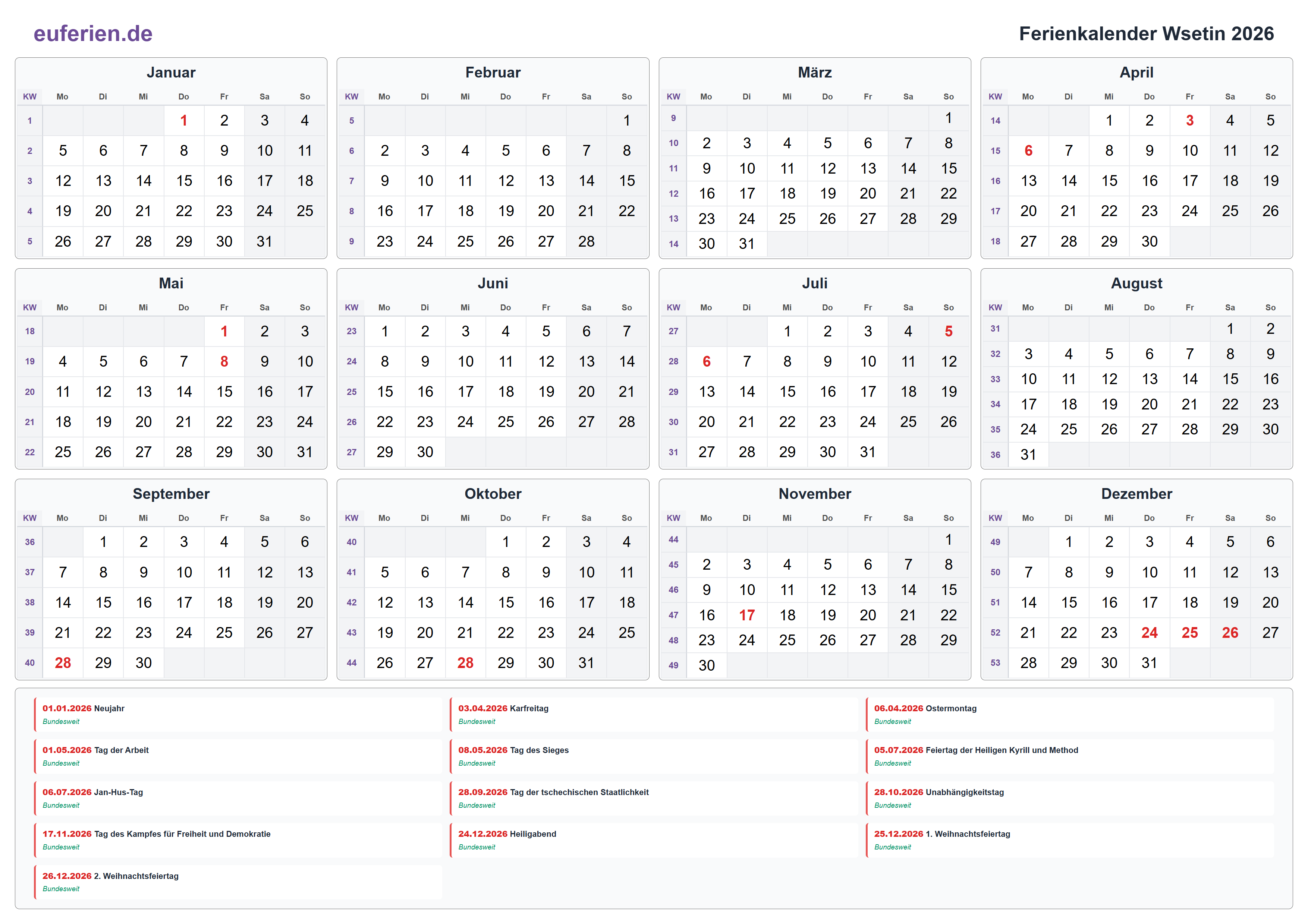 Ferienkalender Wsetin 2026 – Querformat