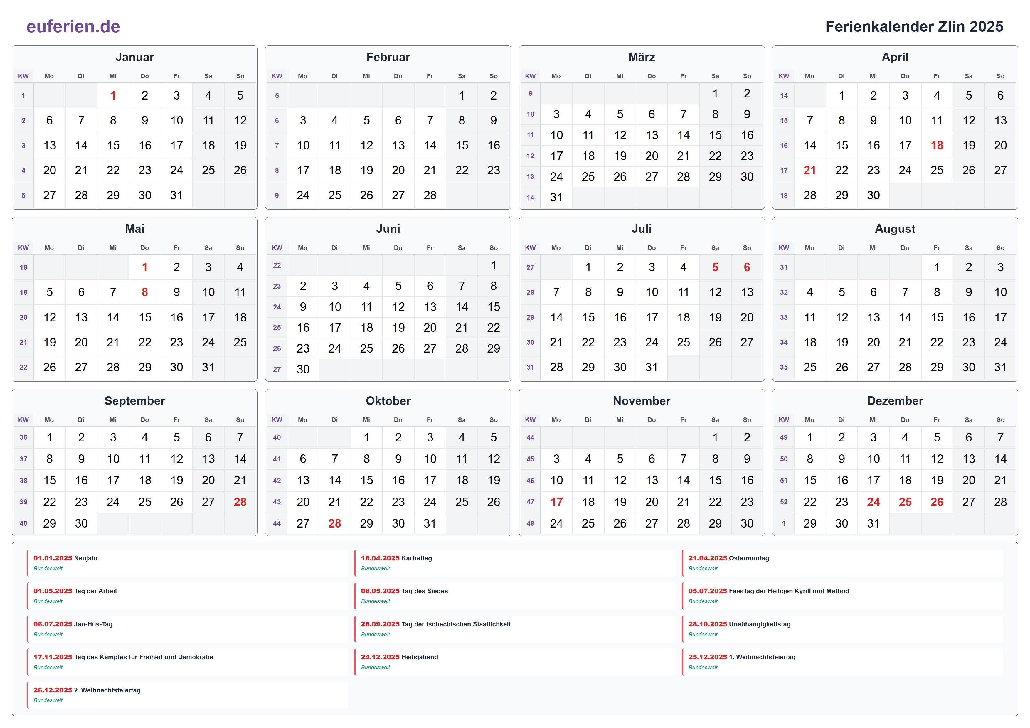 Ferienkalender Zlin 2025 – Querformat