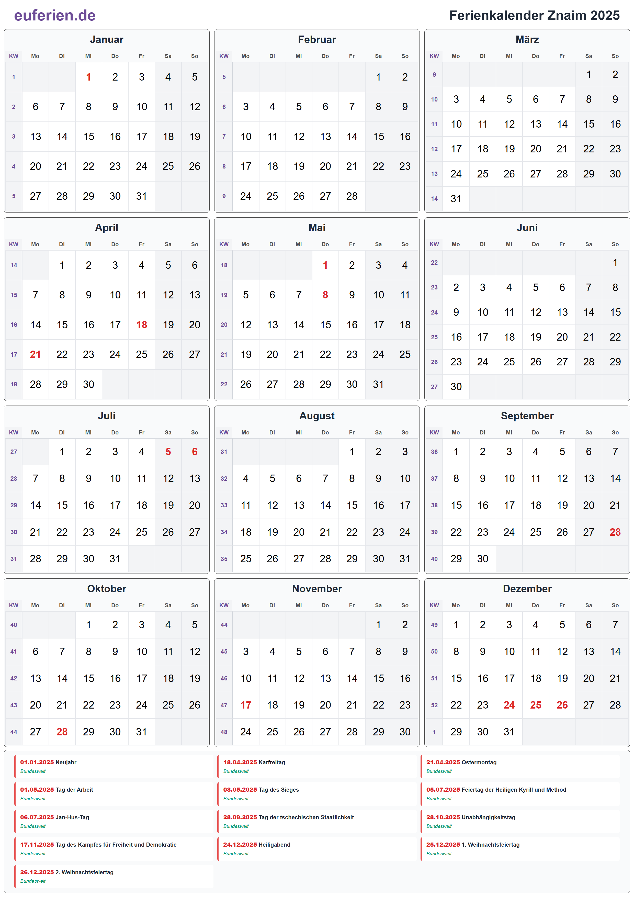 Ferienkalender Znaim 2025 – Hochformat