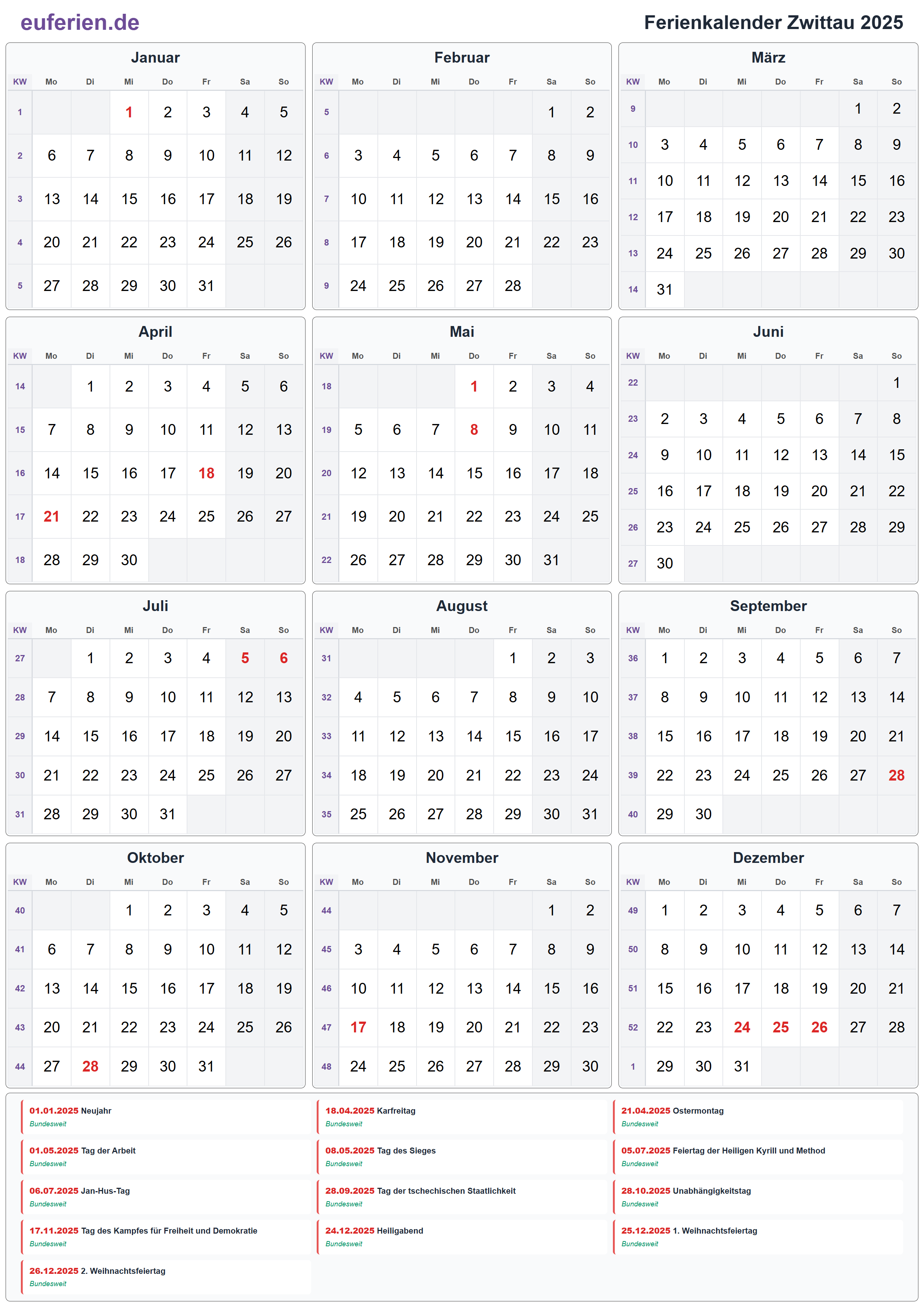 Ferienkalender Zwittau 2025 – Hochformat