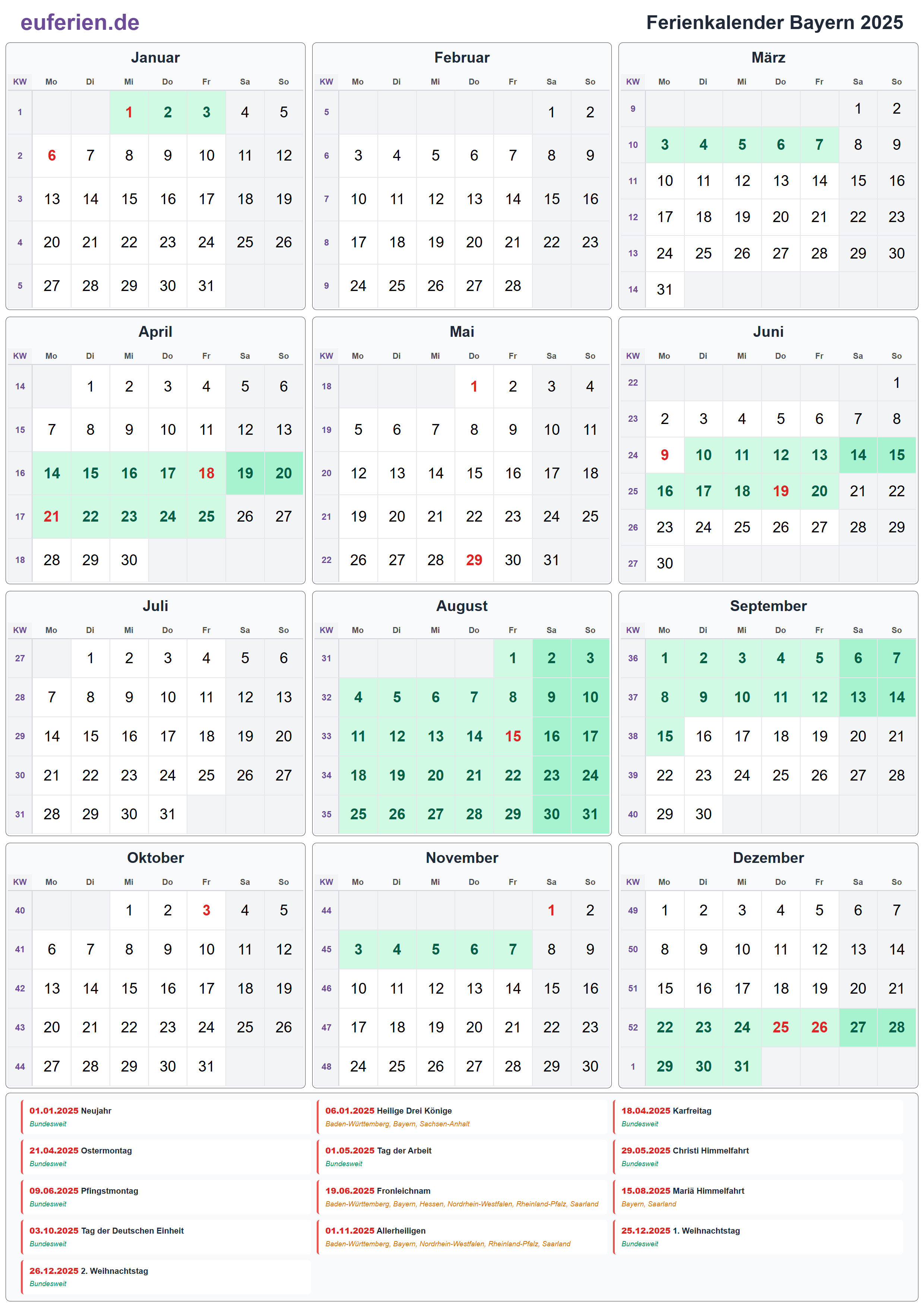 Ferienkalender Bayern 2025 – Hochformat