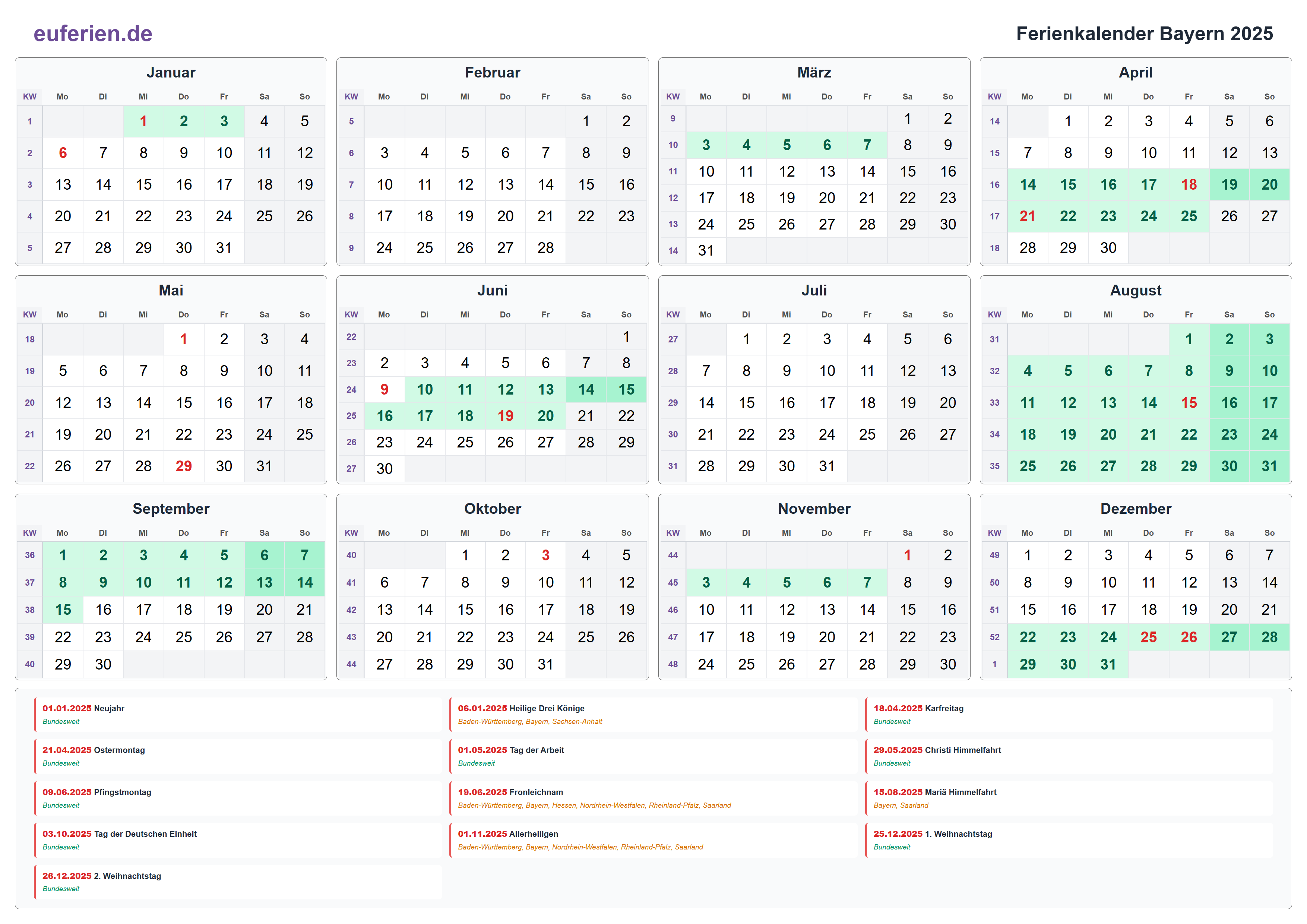Ferienkalender Bayern 2025 – Querformat