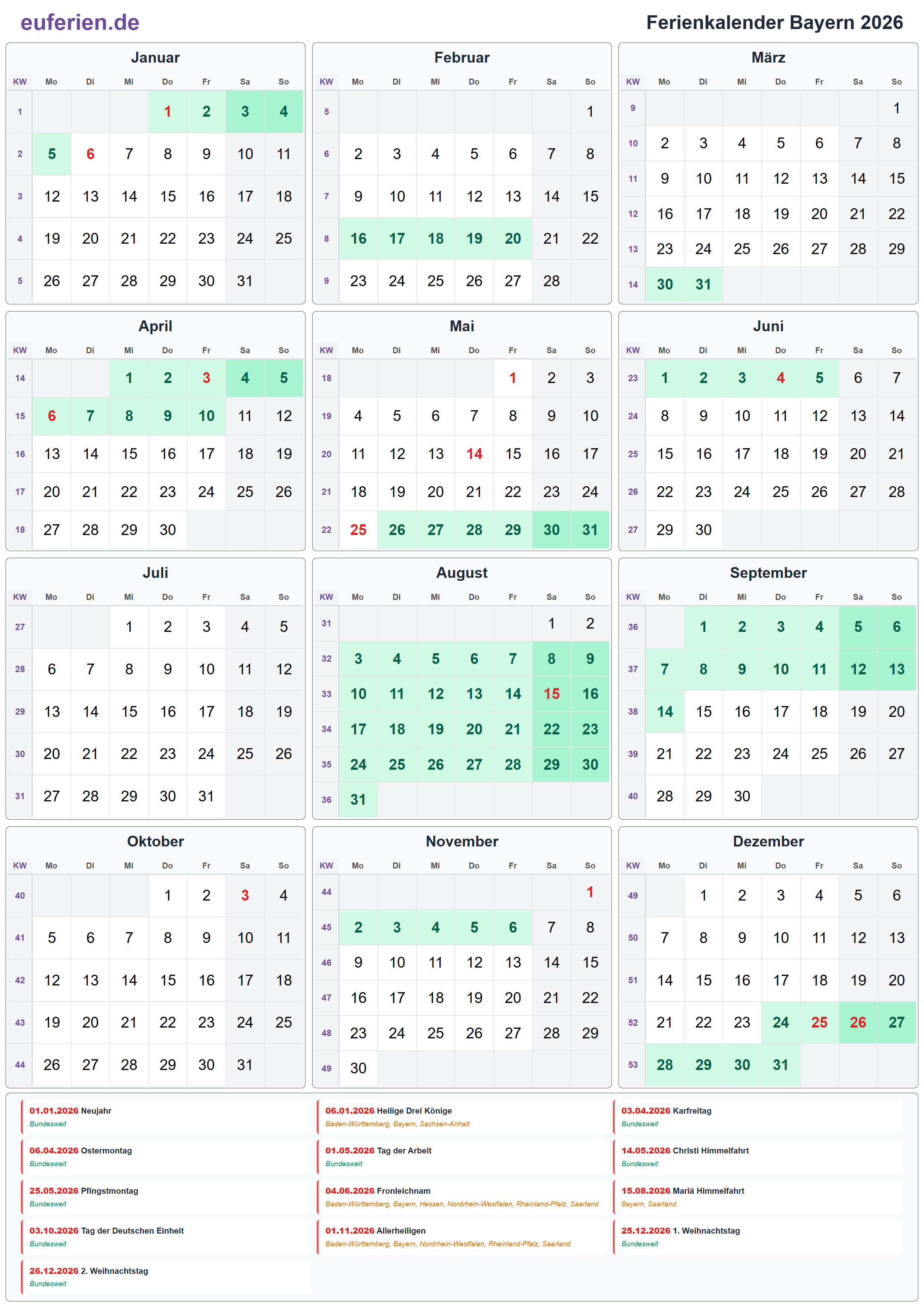 Ferienkalender Bayern 2026 – Hochformat