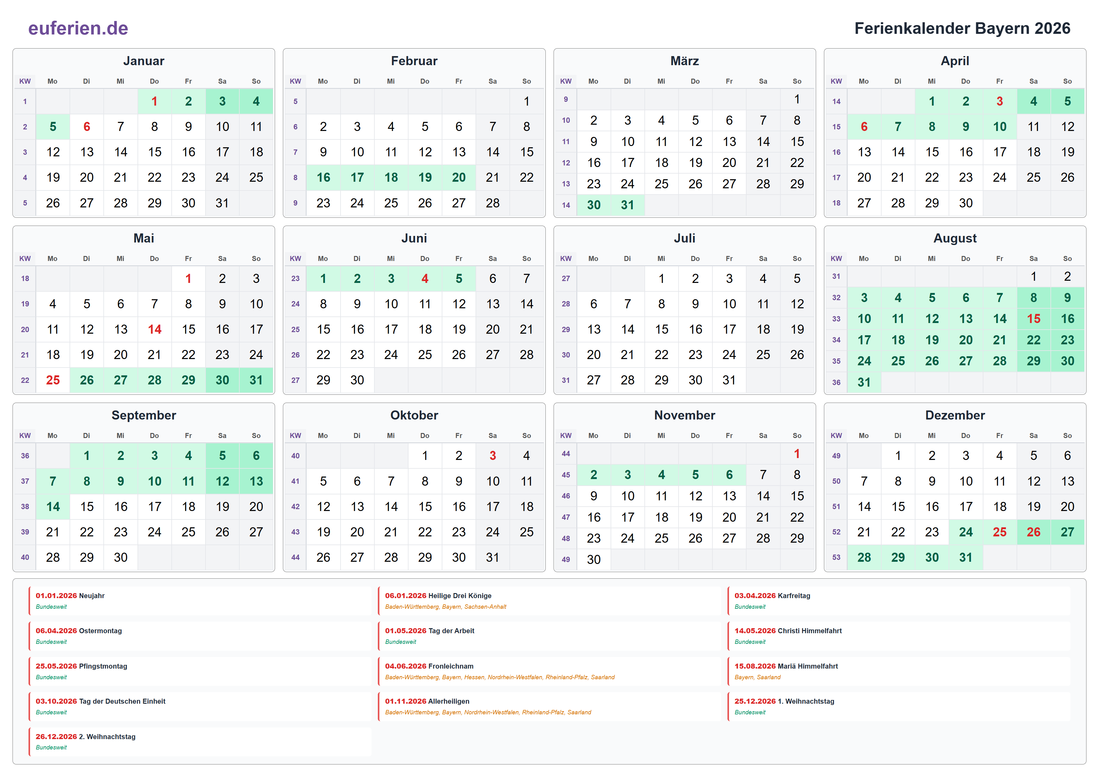 Ferienkalender Bayern 2026 – Querformat