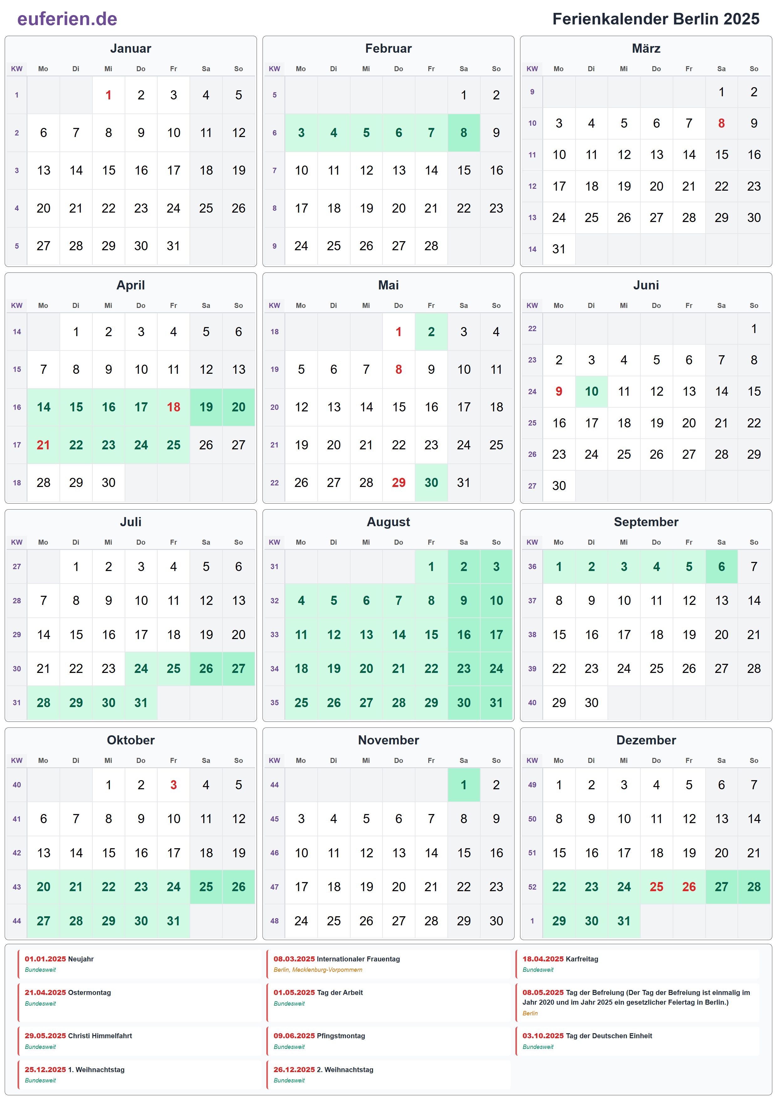 Ferienkalender Berlin 2025 – Hochformat