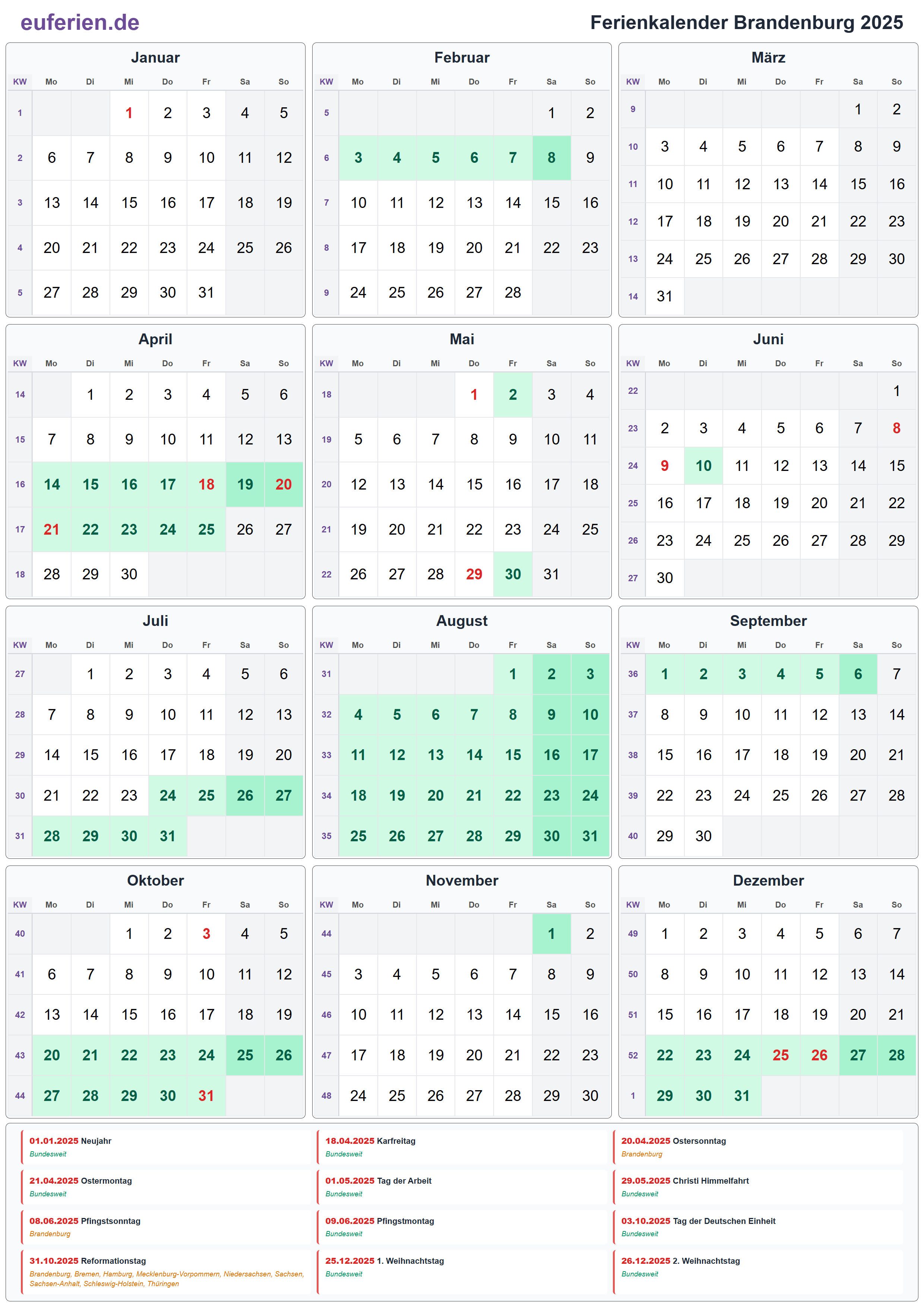 Ferienkalender Brandenburg 2025 – Hochformat