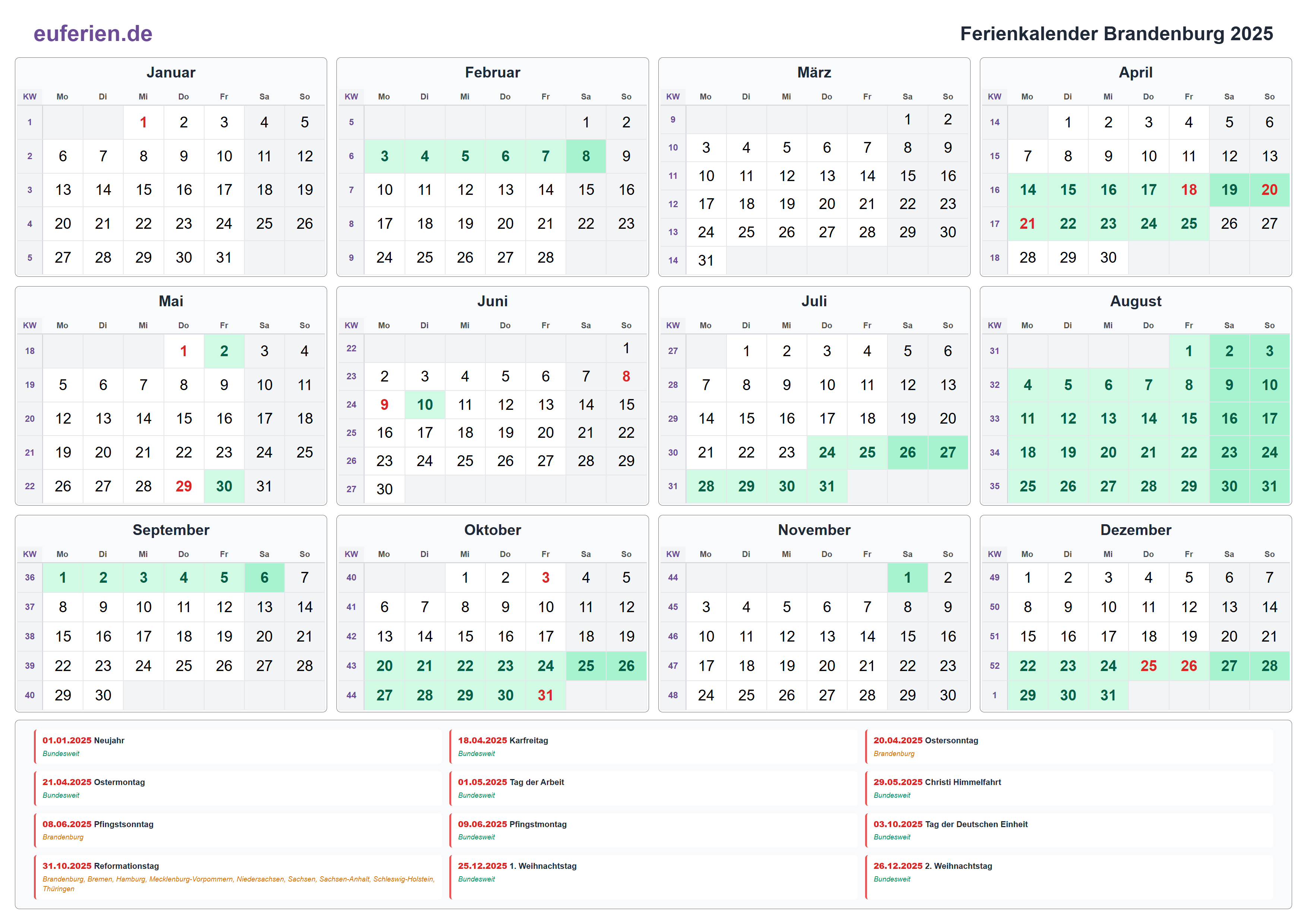 Ferienkalender Brandenburg 2025 – Querformat