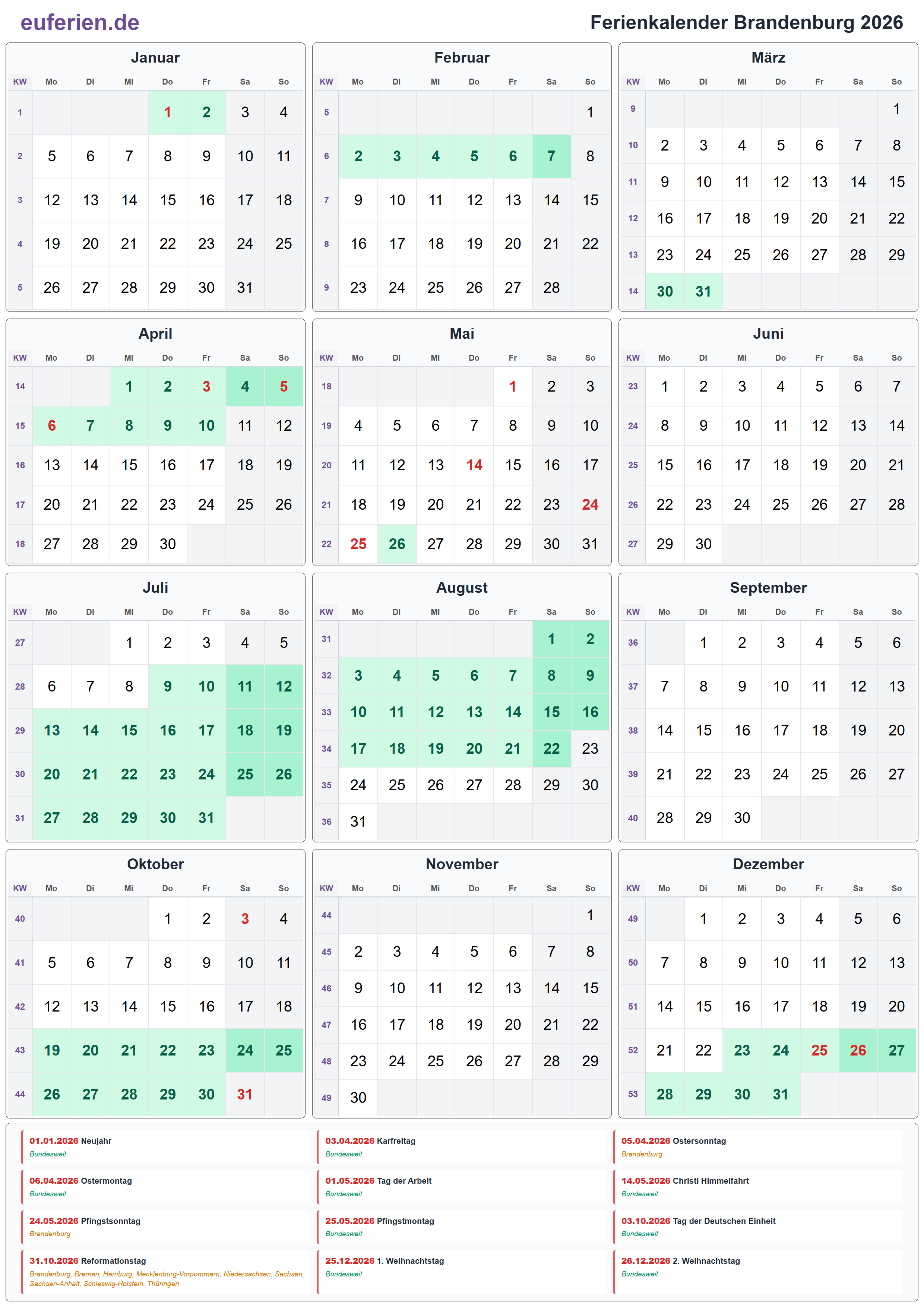 Ferienkalender Brandenburg 2026 – Hochformat
