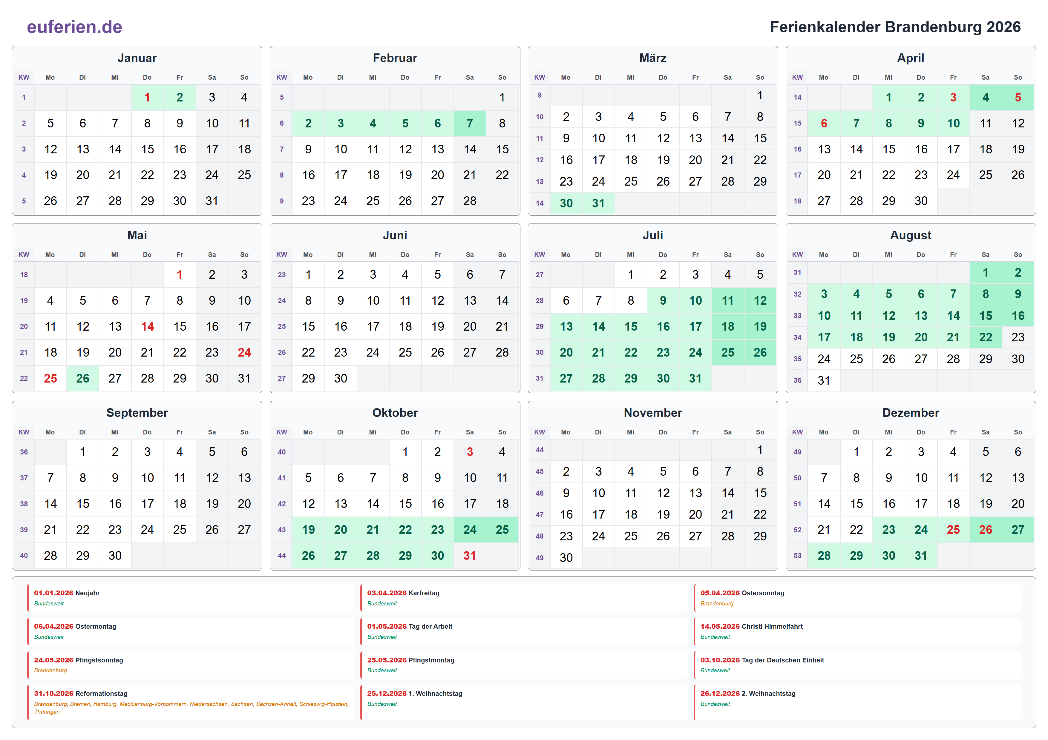 Ferienkalender Brandenburg 2026 – Querformat