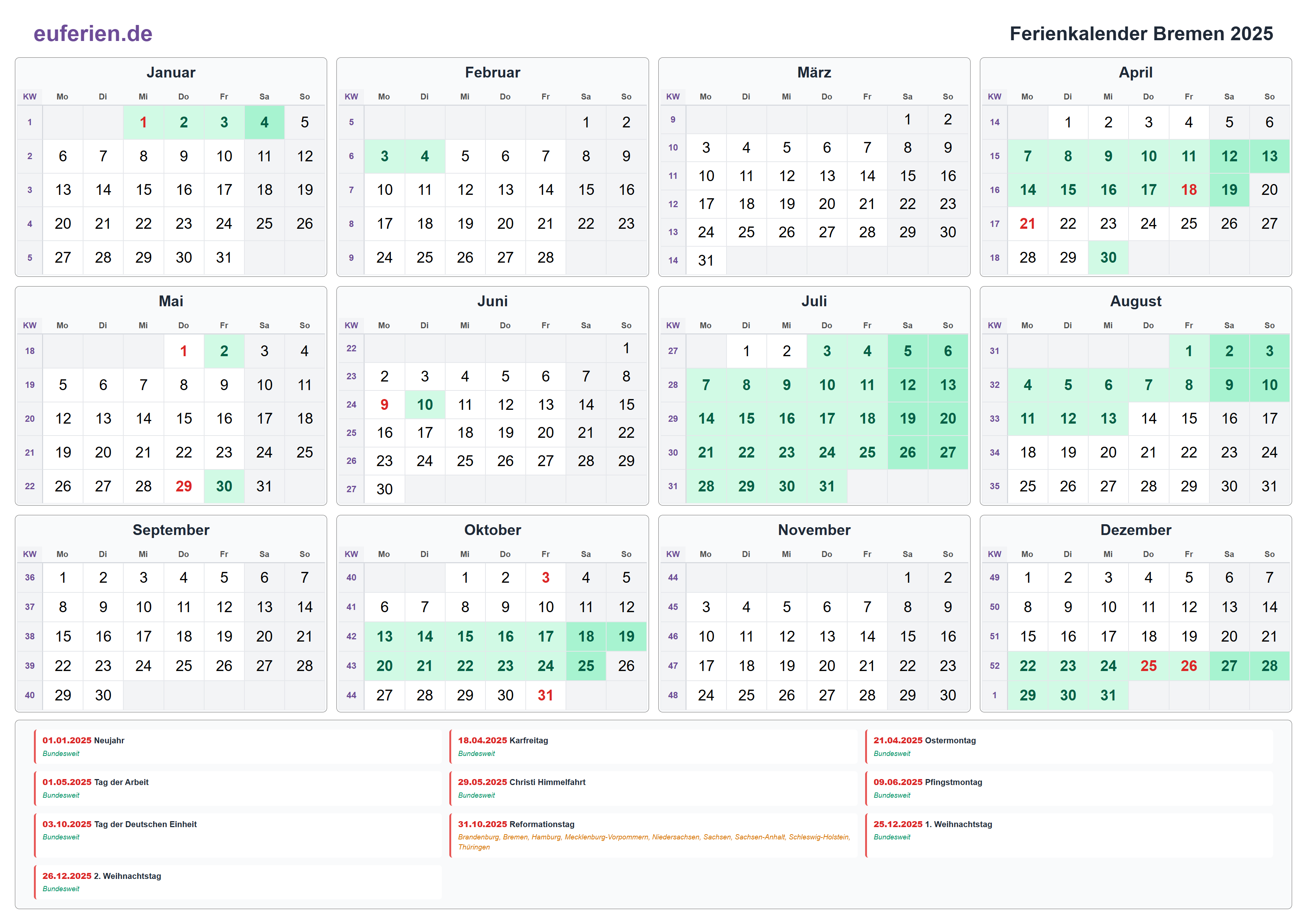 Ferienkalender Bremen 2025 – Querformat