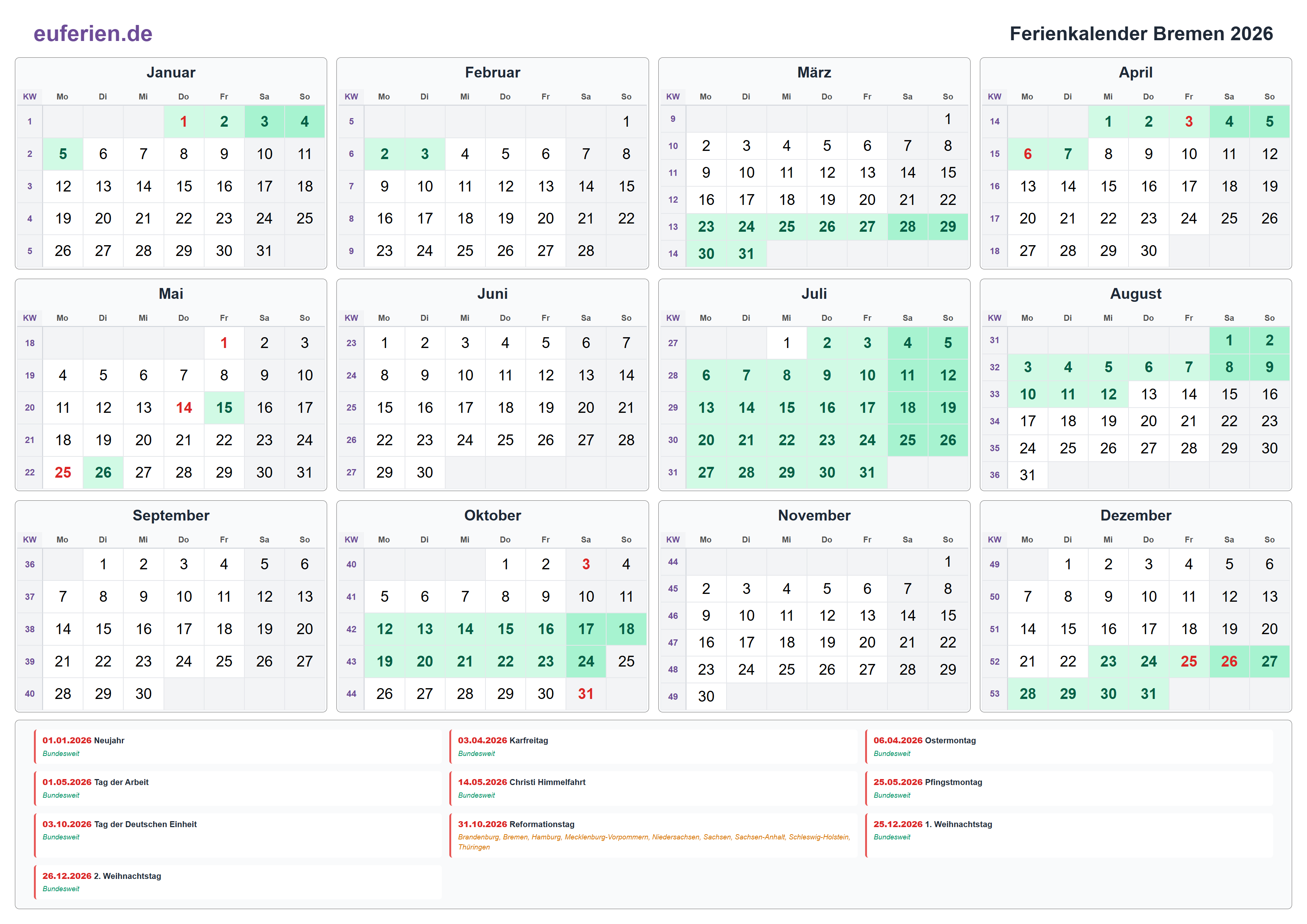 Ferienkalender Bremen 2026 – Querformat