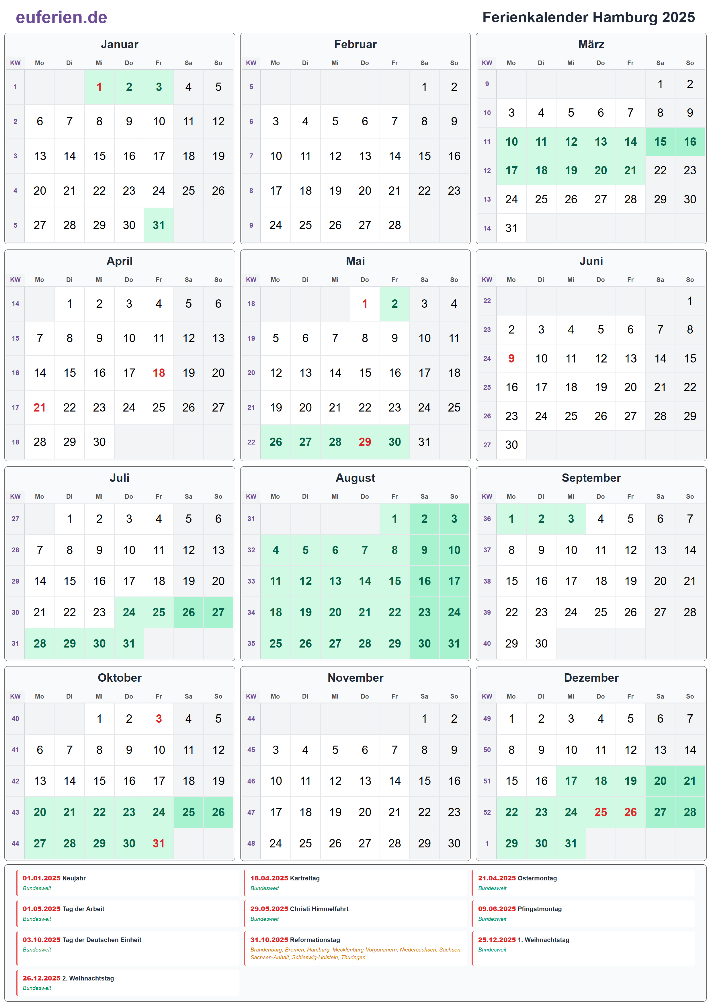 Ferienkalender Hamburg 2025 – Hochformat