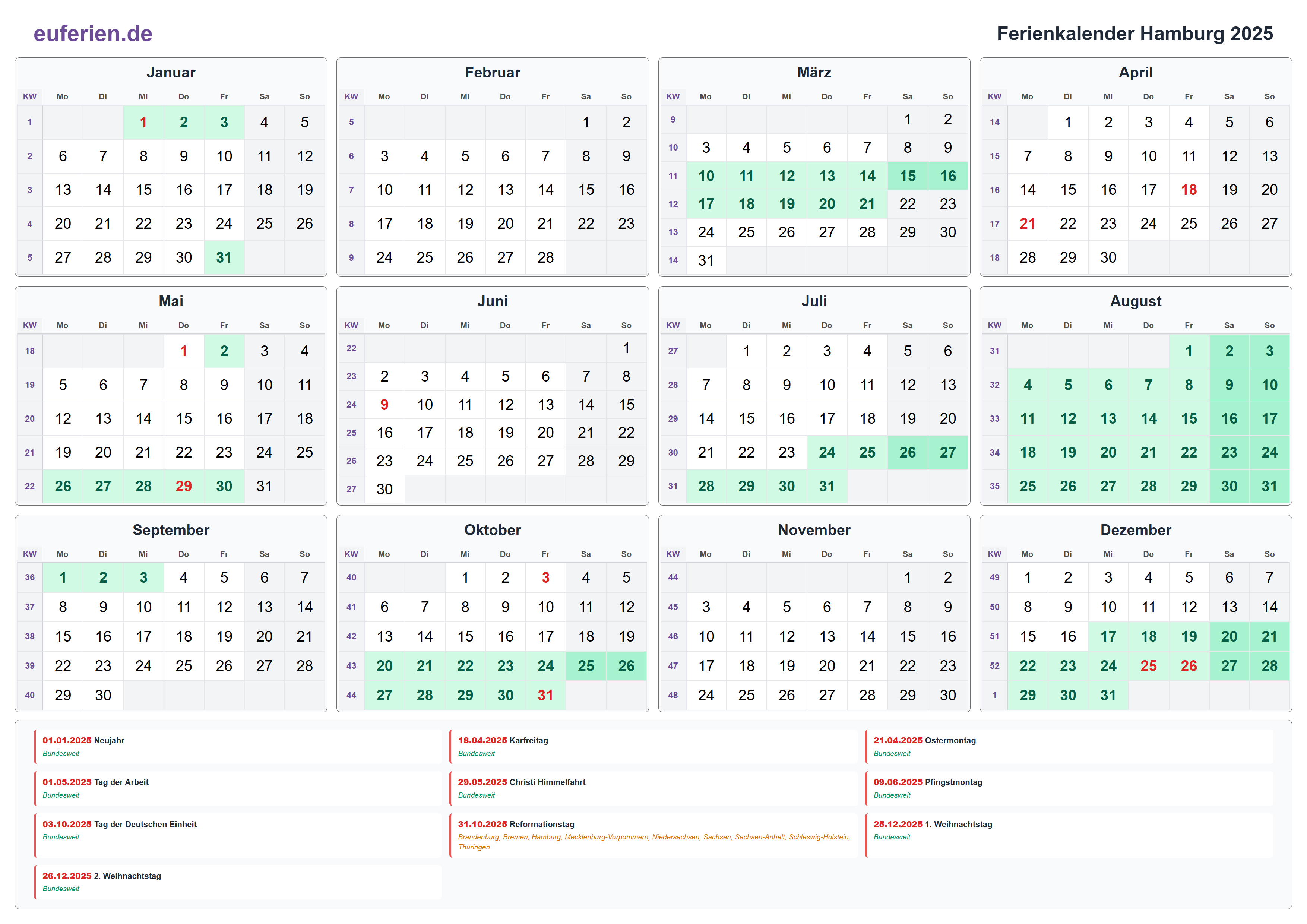 Ferienkalender Hamburg 2025 – Querformat