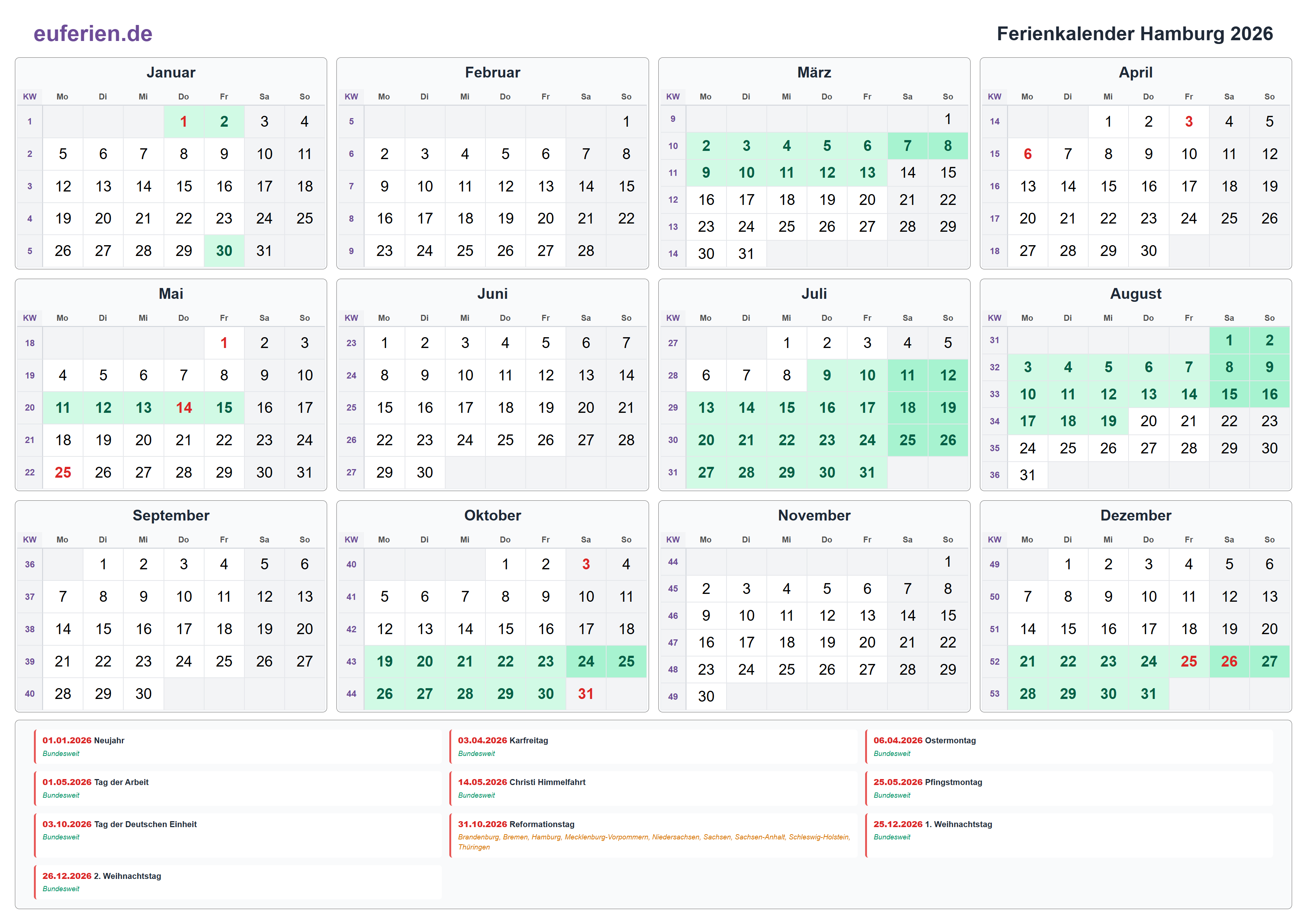 Ferienkalender Hamburg 2026 – Querformat