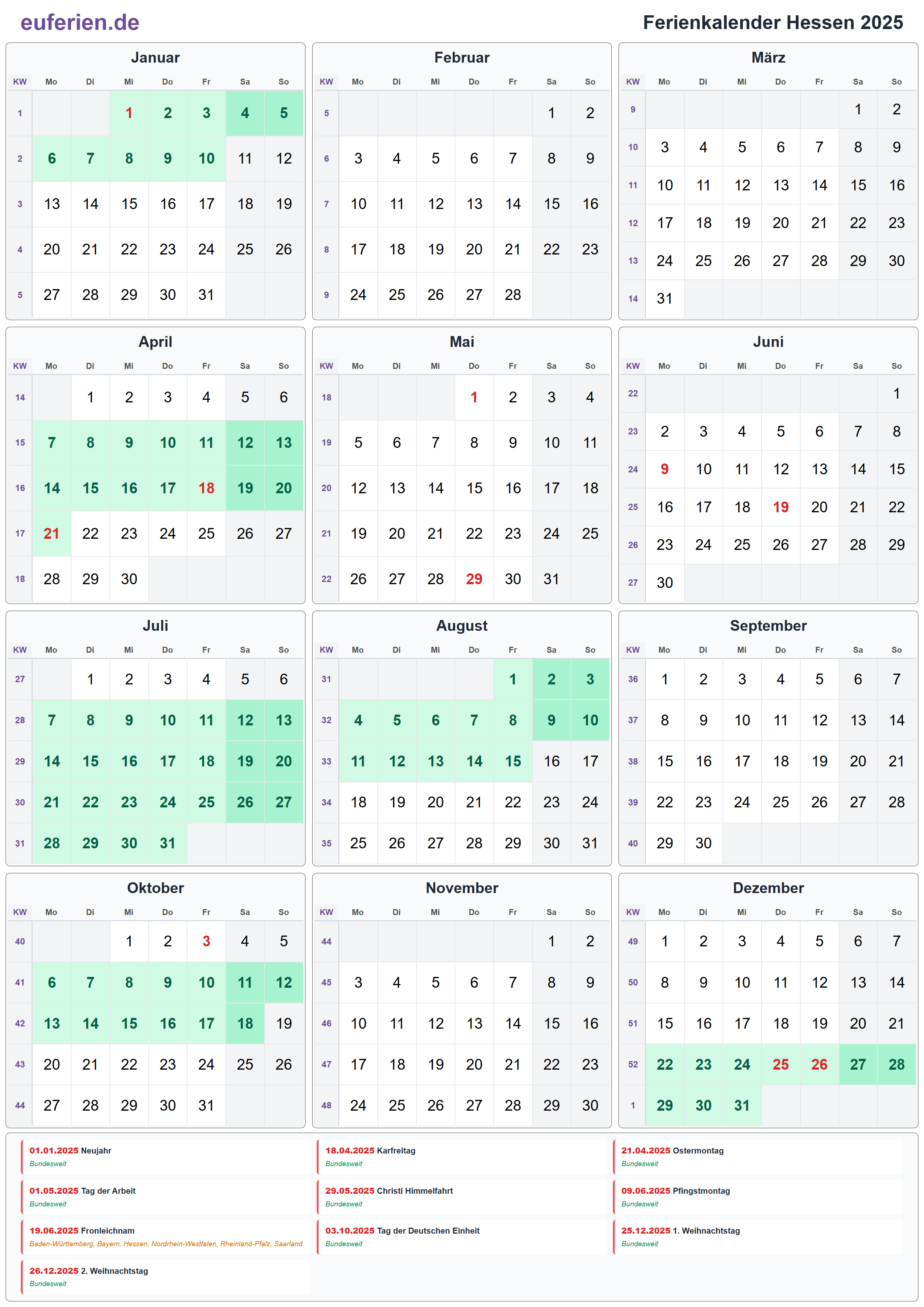Ferienkalender Hessen 2025 – Hochformat