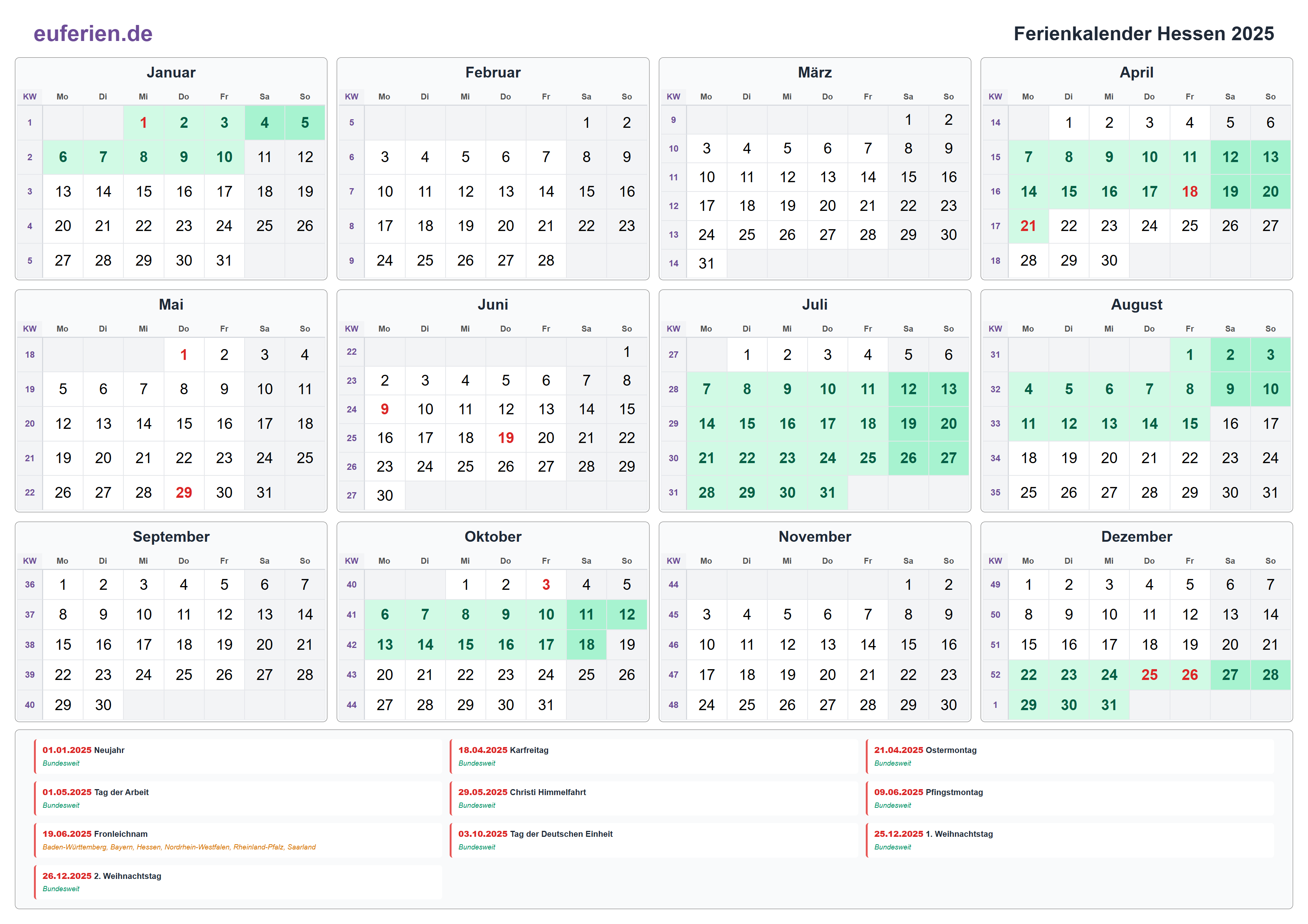 Ferienkalender Hessen 2025 – Querformat