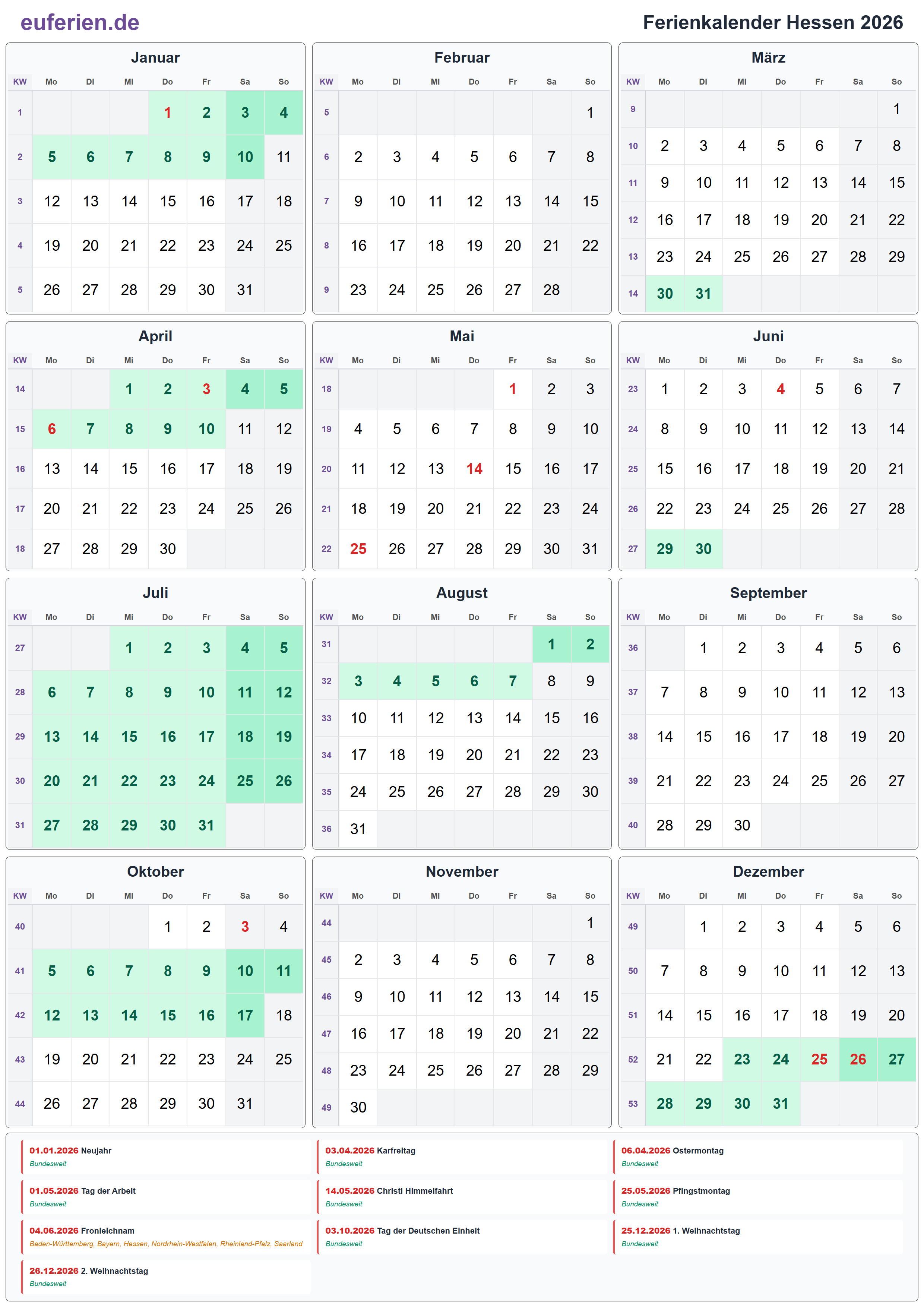 Ferienkalender Hessen 2026 – Hochformat