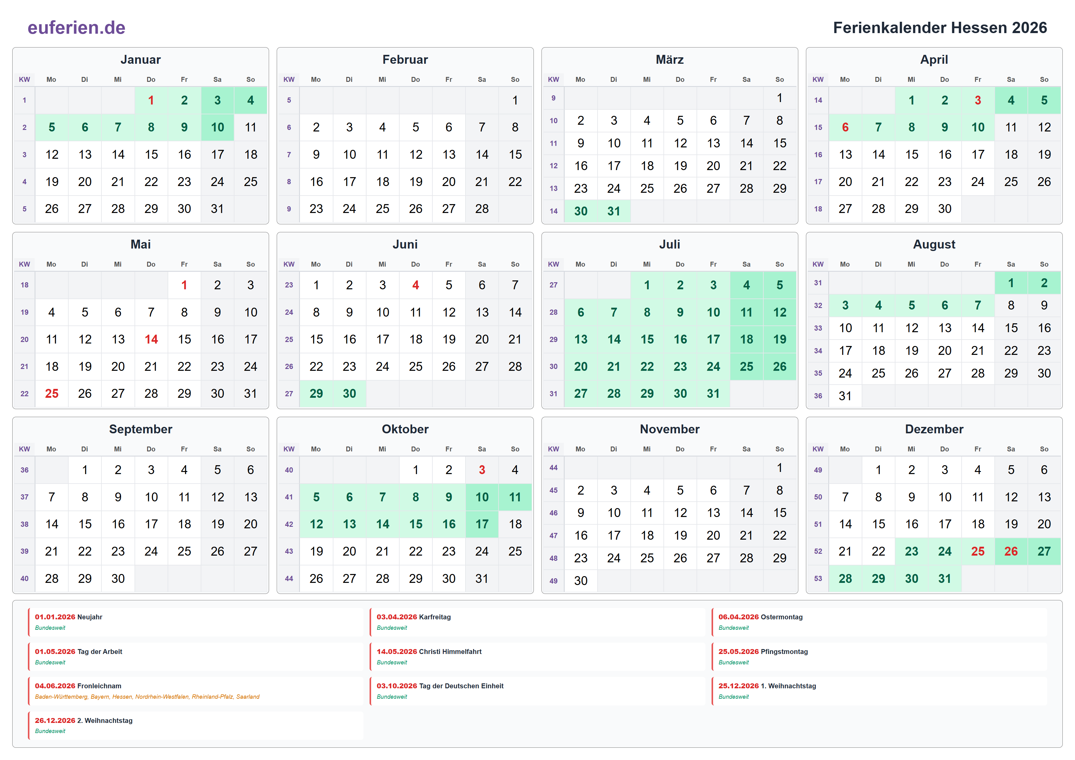 Ferienkalender Hessen 2026 – Querformat