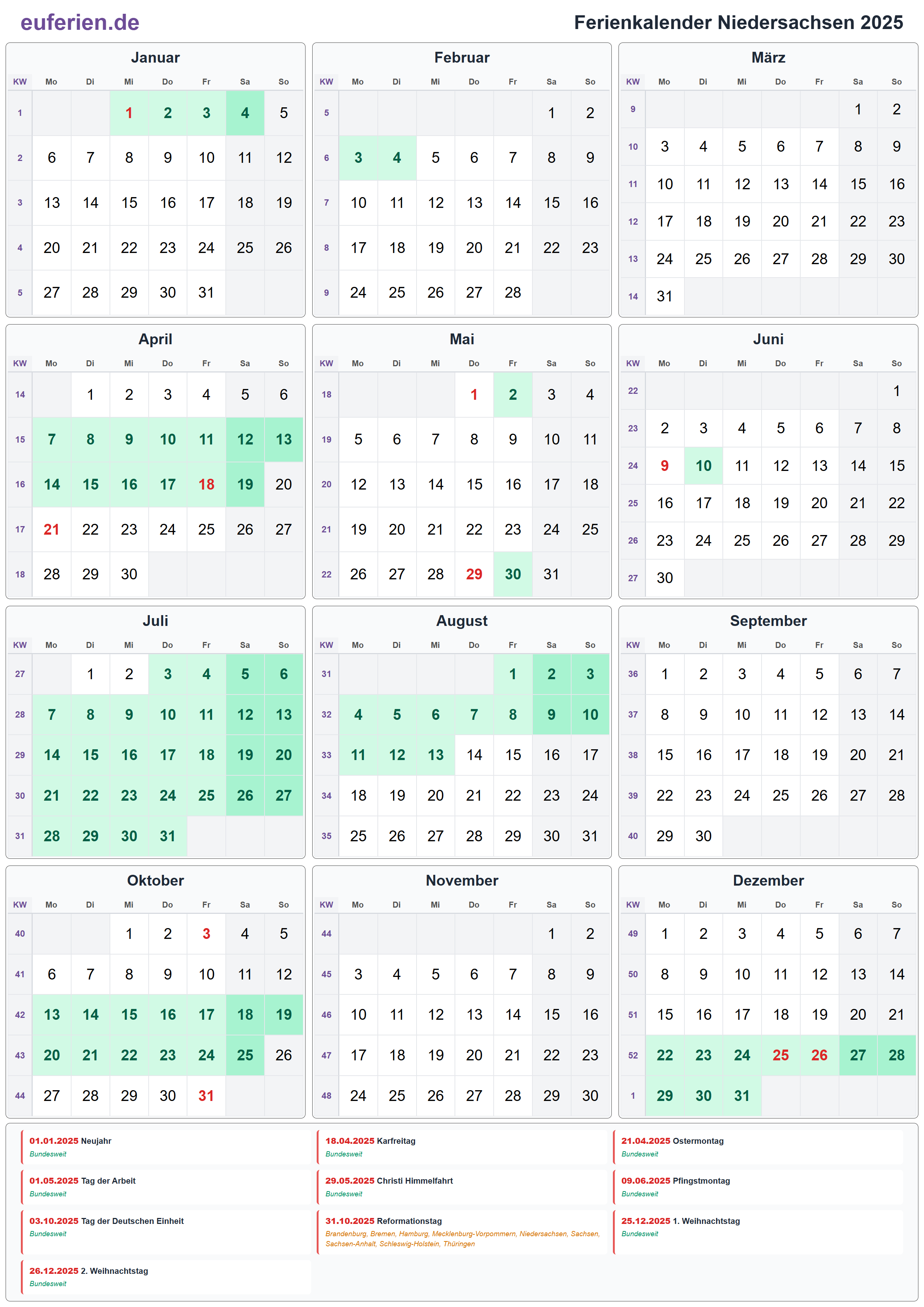 Ferienkalender Niedersachsen 2025 – Hochformat
