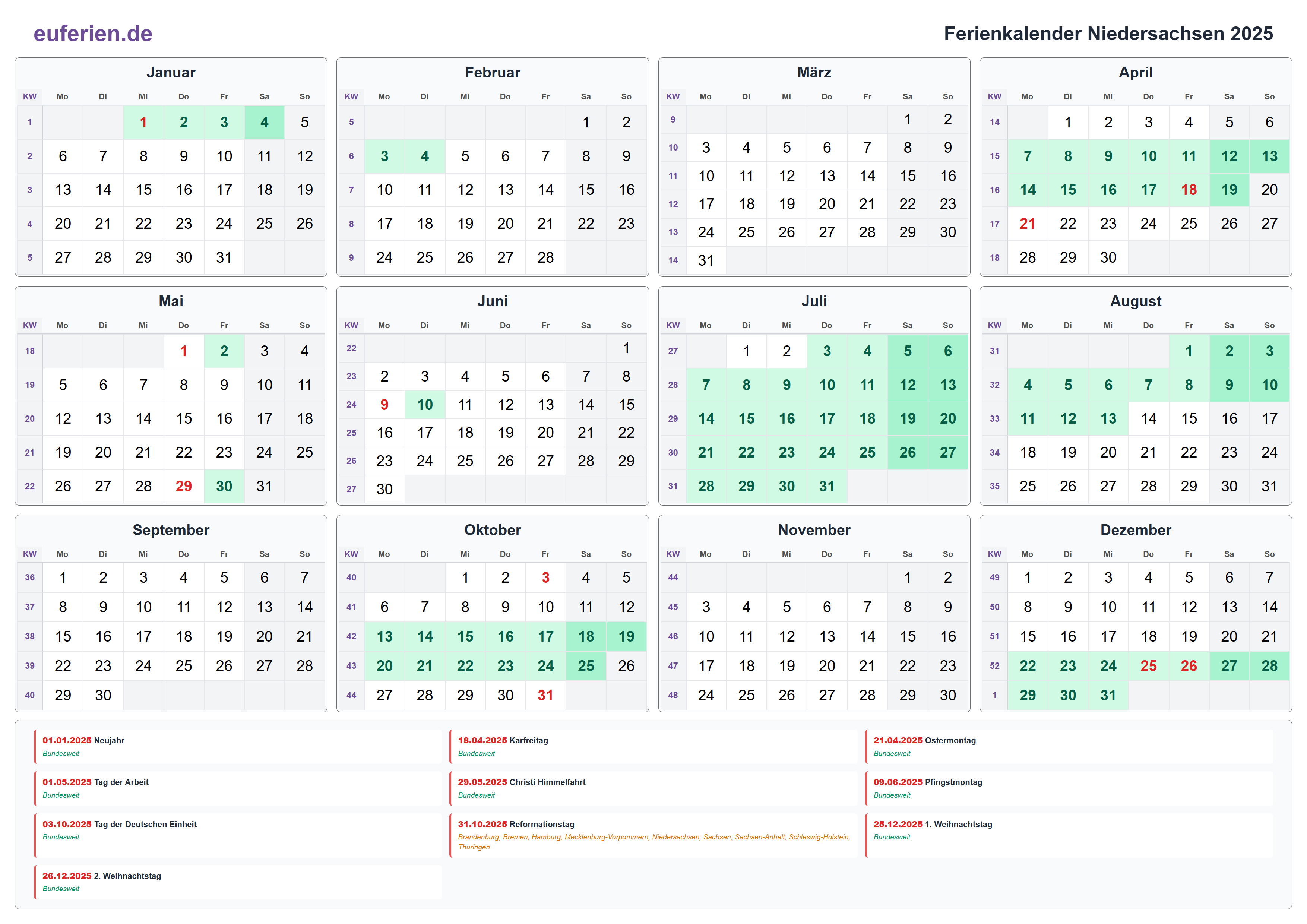Ferienkalender Niedersachsen 2025 – Querformat