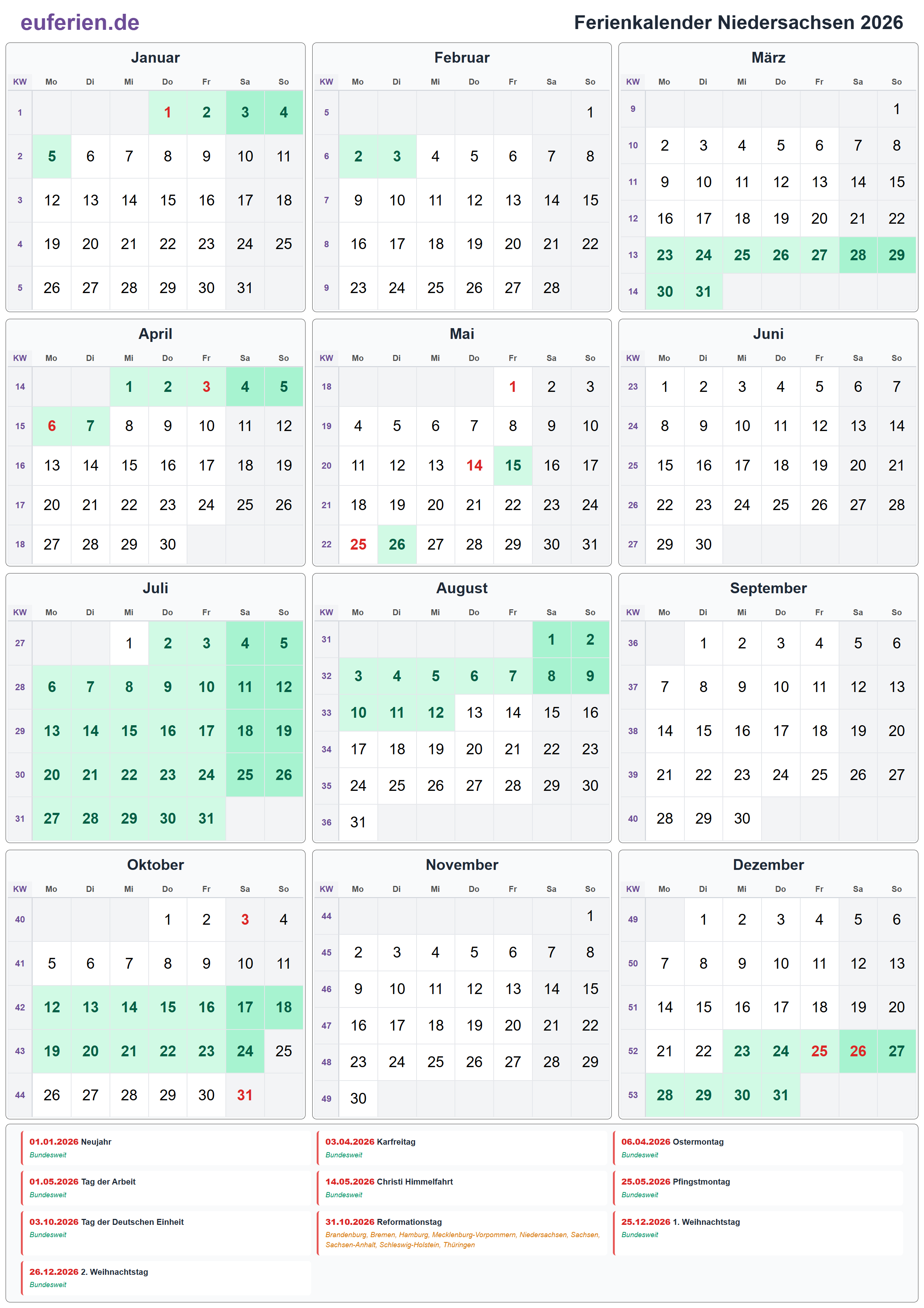 Ferienkalender Niedersachsen 2026 – Hochformat