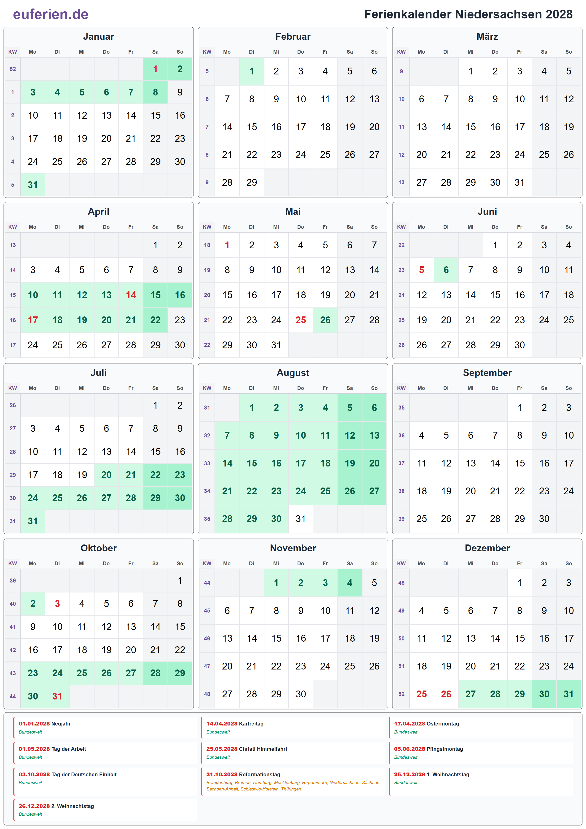 Ferienkalender Niedersachsen 2028 – Hochformat