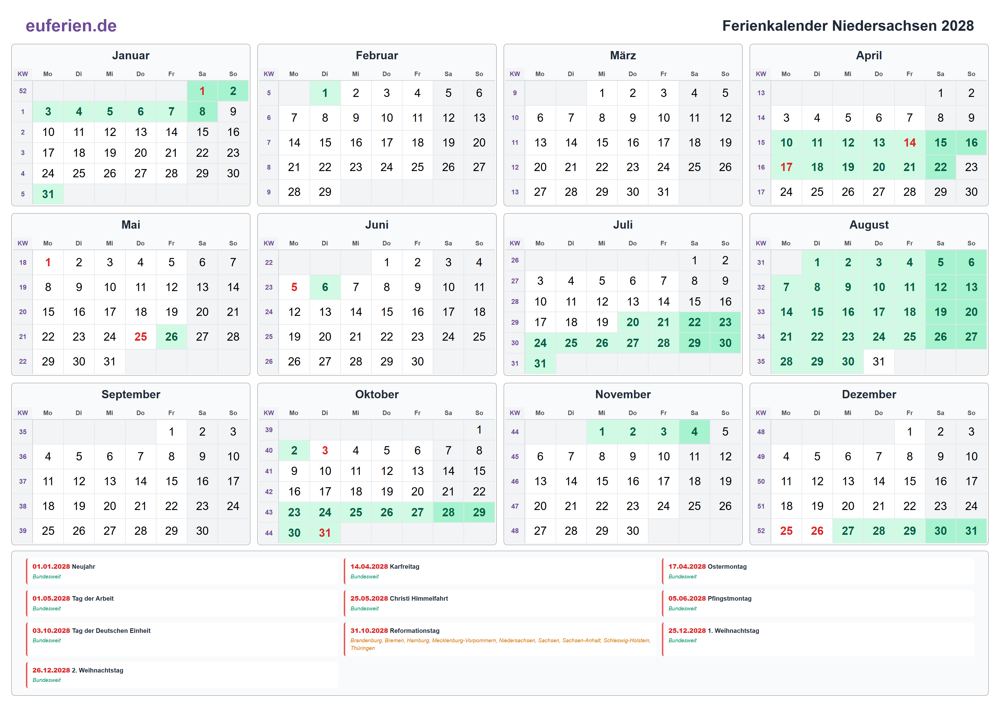 Ferienkalender Niedersachsen 2028 – Querformat