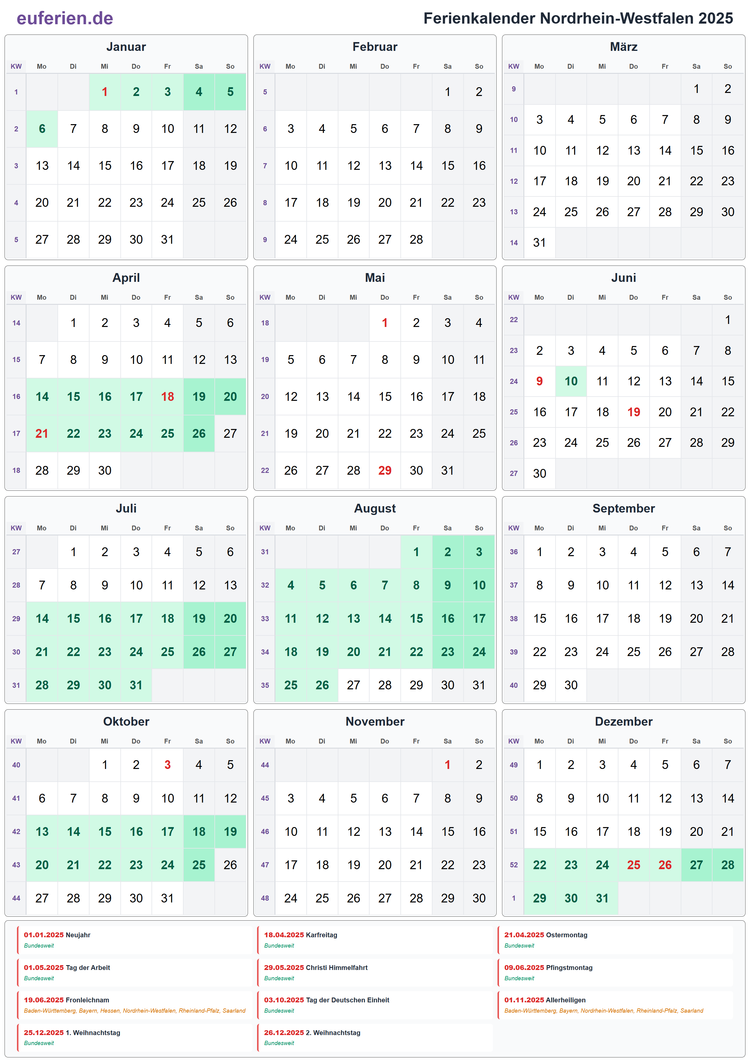 Ferienkalender Nordrhein-Westfalen 2025 – Hochformat