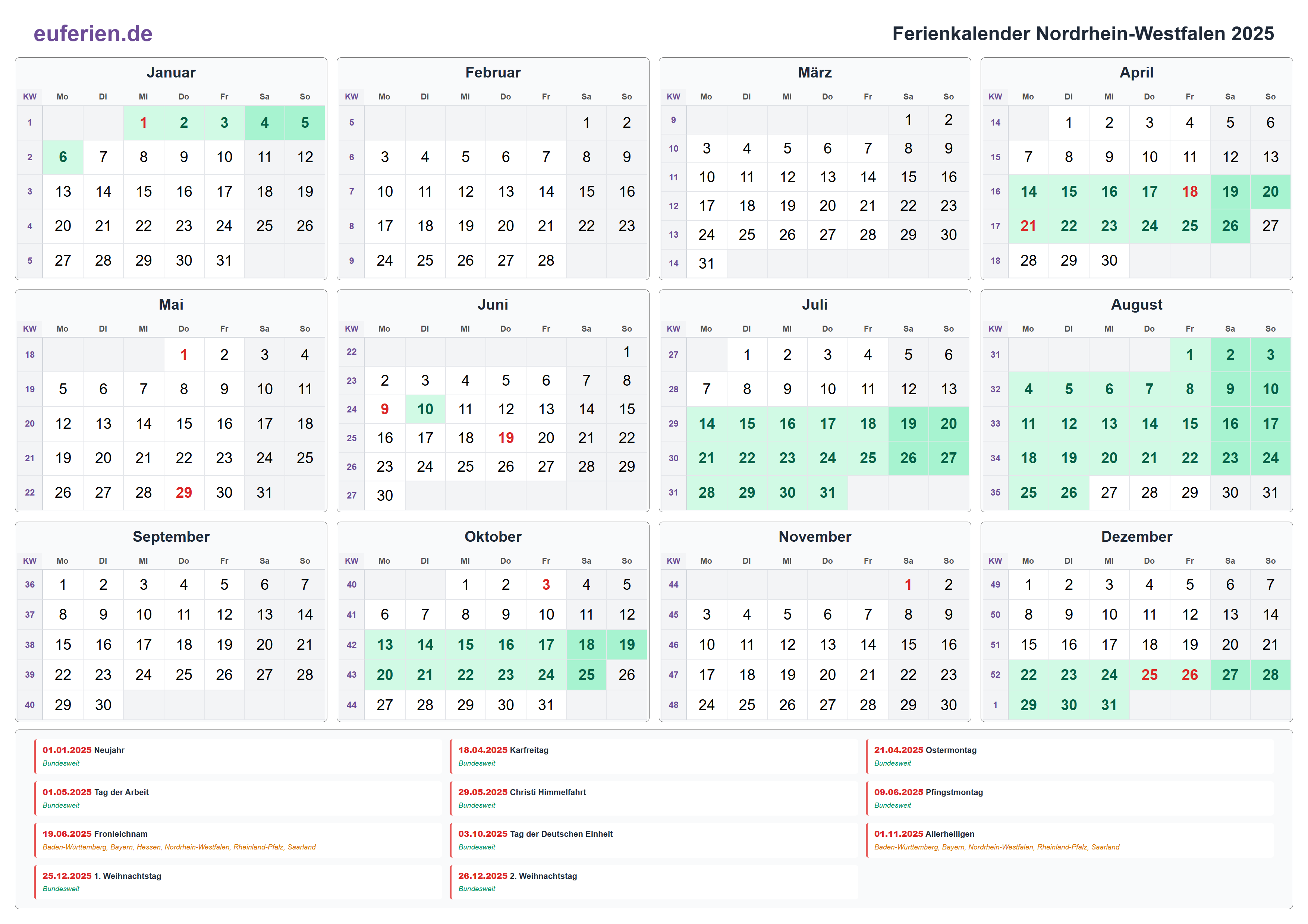 Ferienkalender Nordrhein-Westfalen 2025 – Querformat