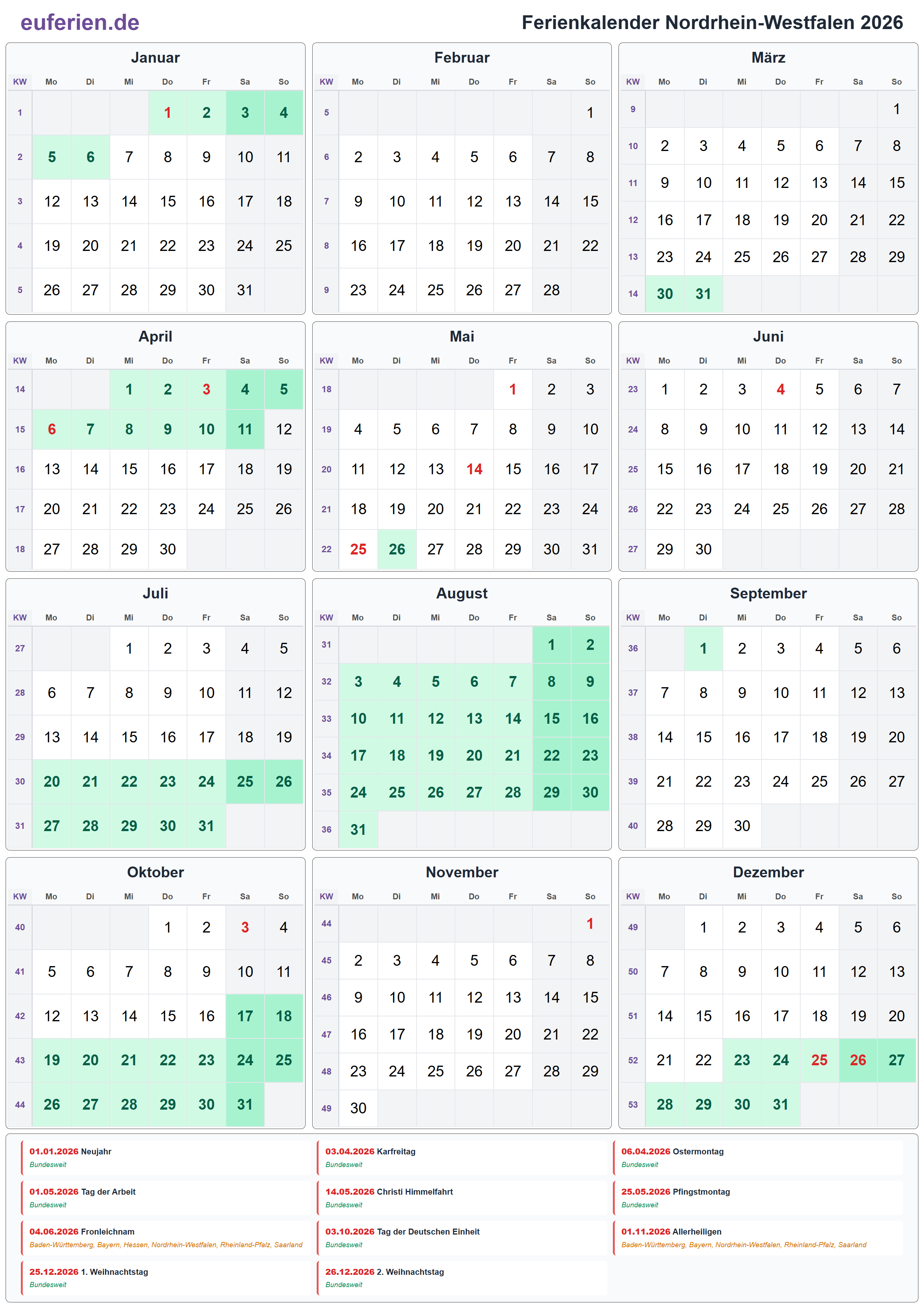 Ferienkalender Nordrhein-Westfalen 2026 – Hochformat