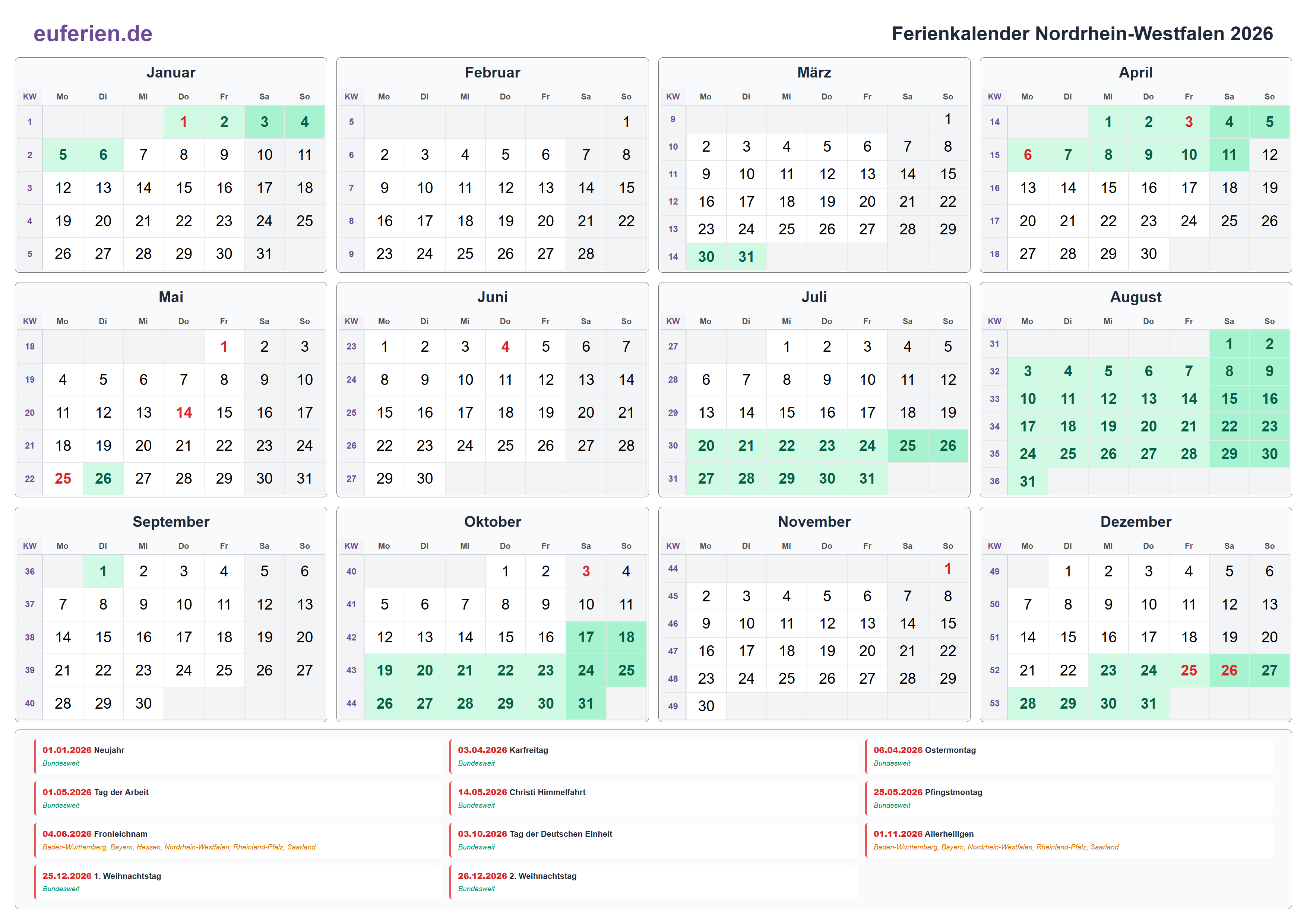 Ferienkalender Nordrhein-Westfalen 2026 – Querformat