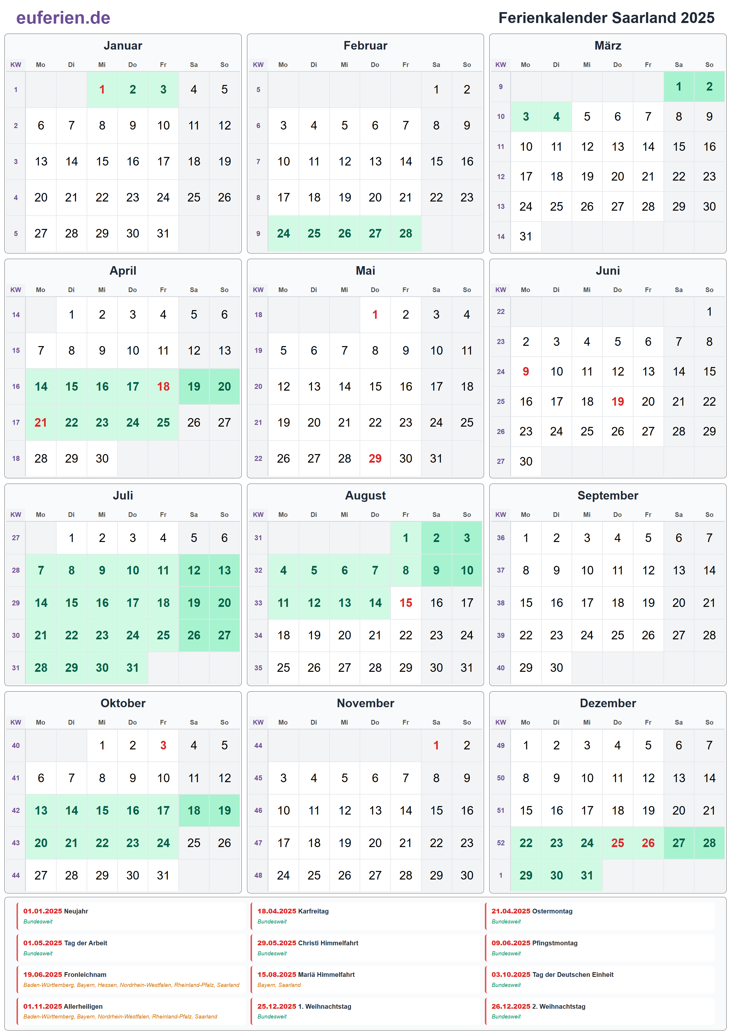 Ferienkalender Saarland 2025 – Hochformat