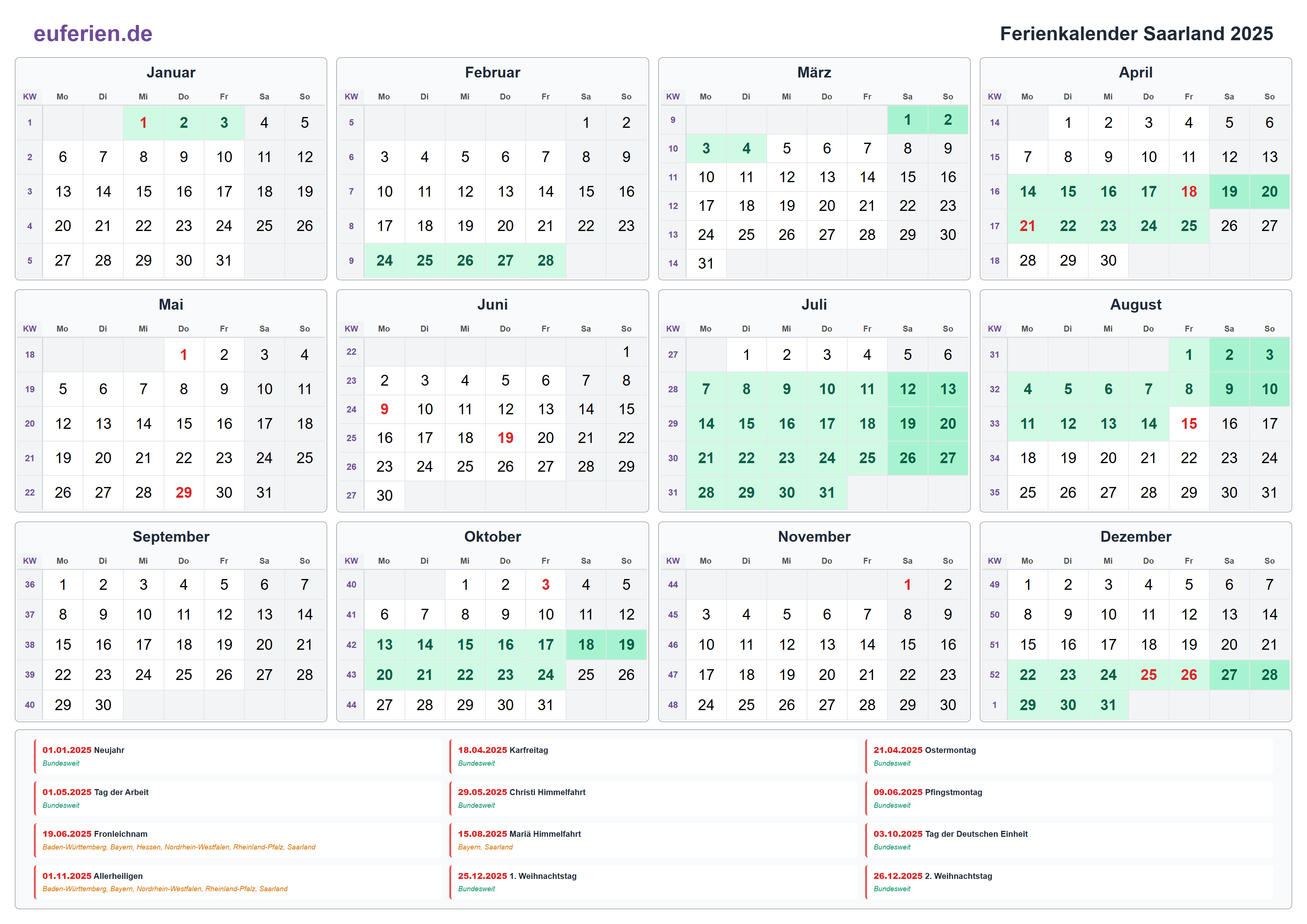 Ferienkalender Saarland 2025 – Querformat