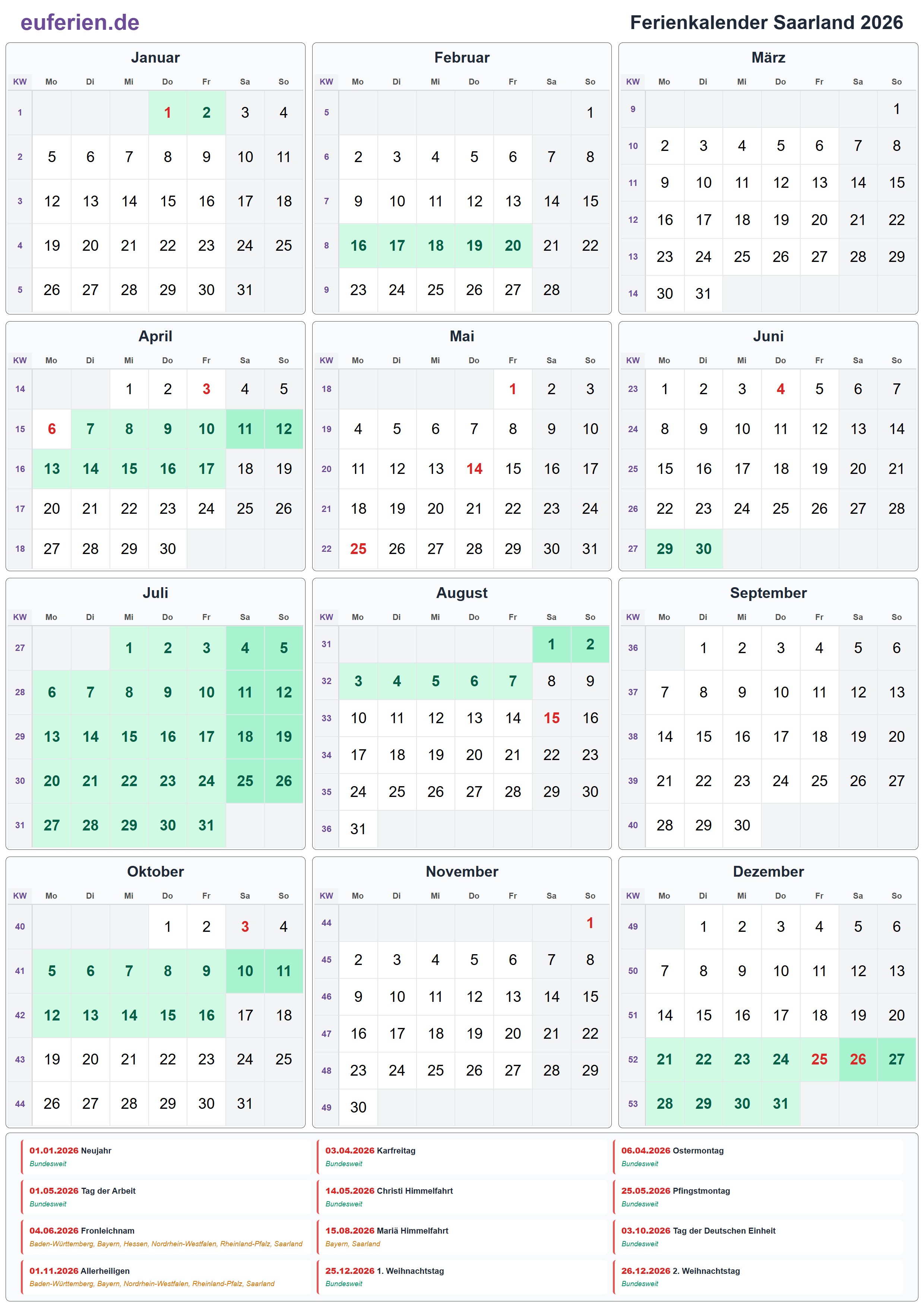 Ferienkalender Saarland 2026 – Hochformat