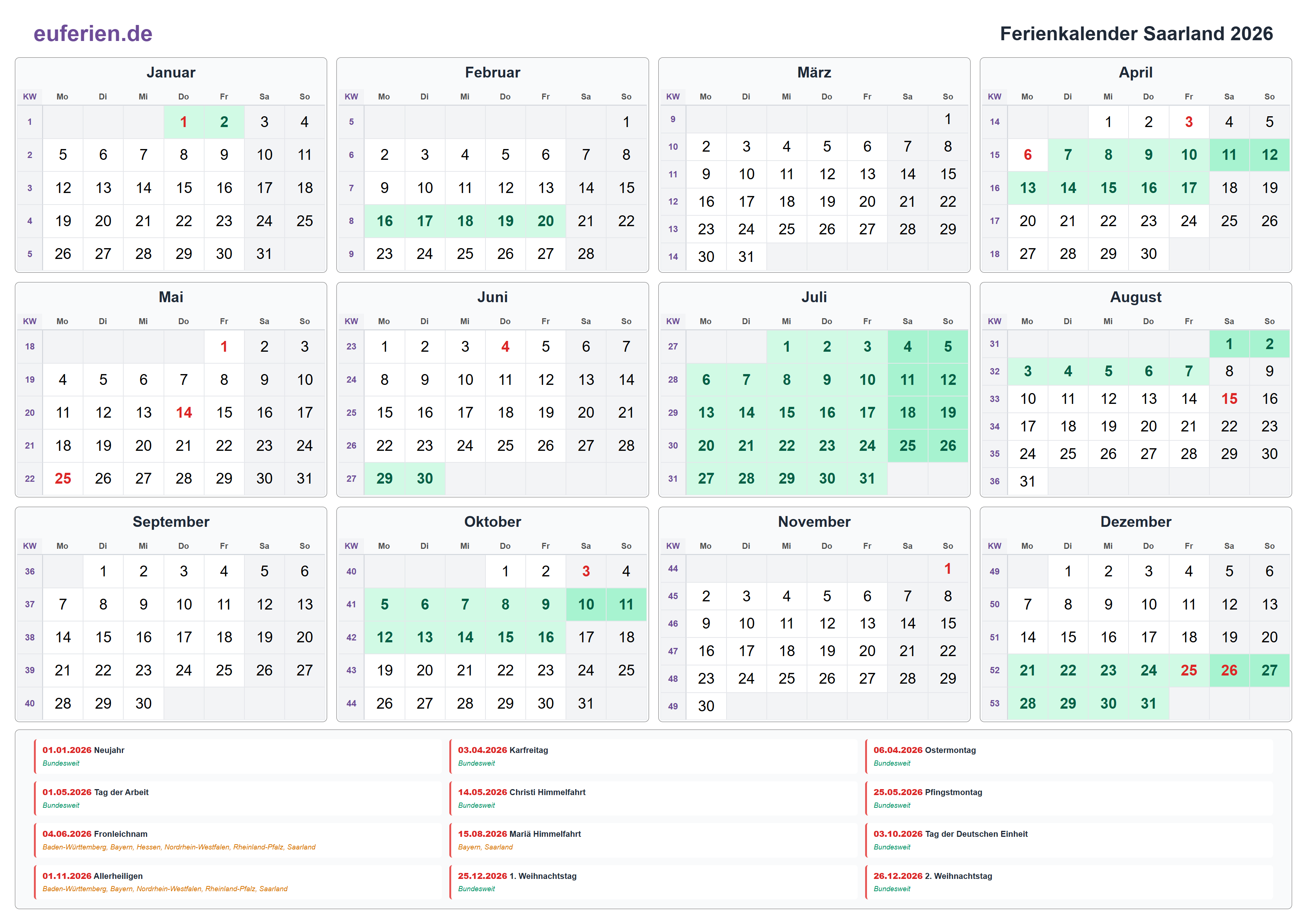 Ferienkalender Saarland 2026 – Querformat