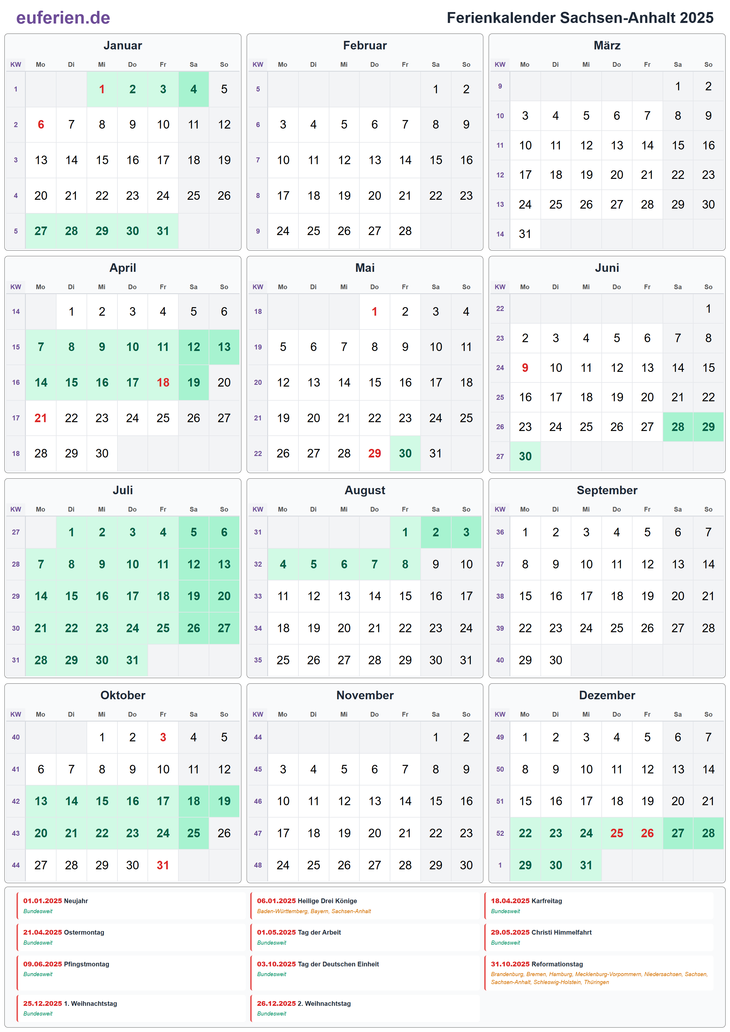 Ferienkalender Sachsen-Anhalt 2025 – Hochformat