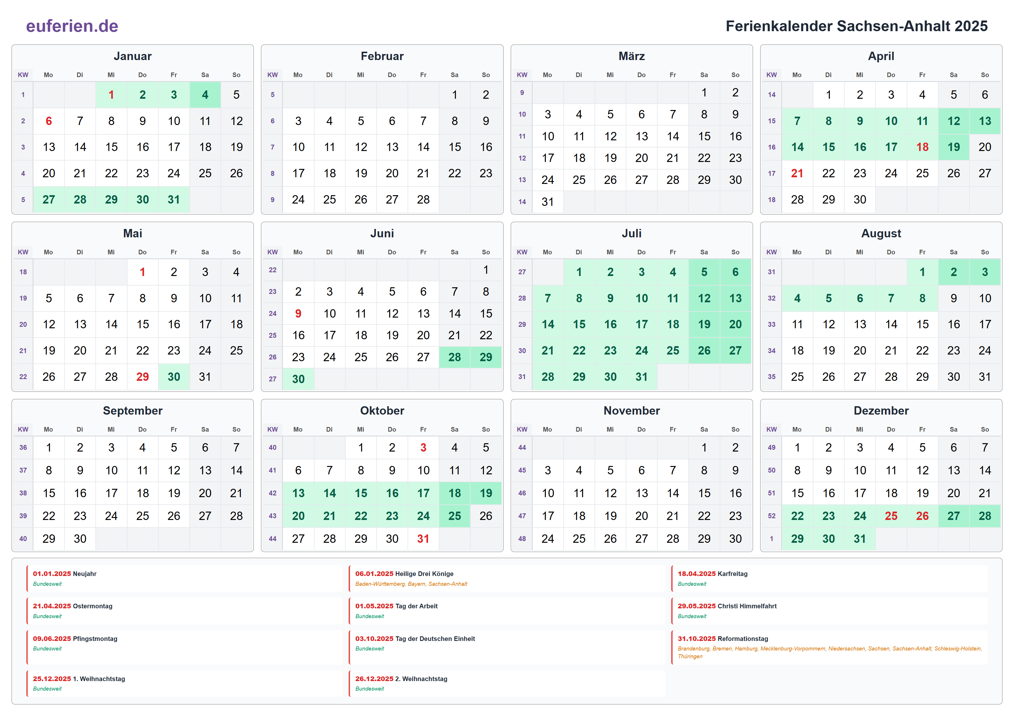 Ferienkalender Sachsen-Anhalt 2025 – Querformat