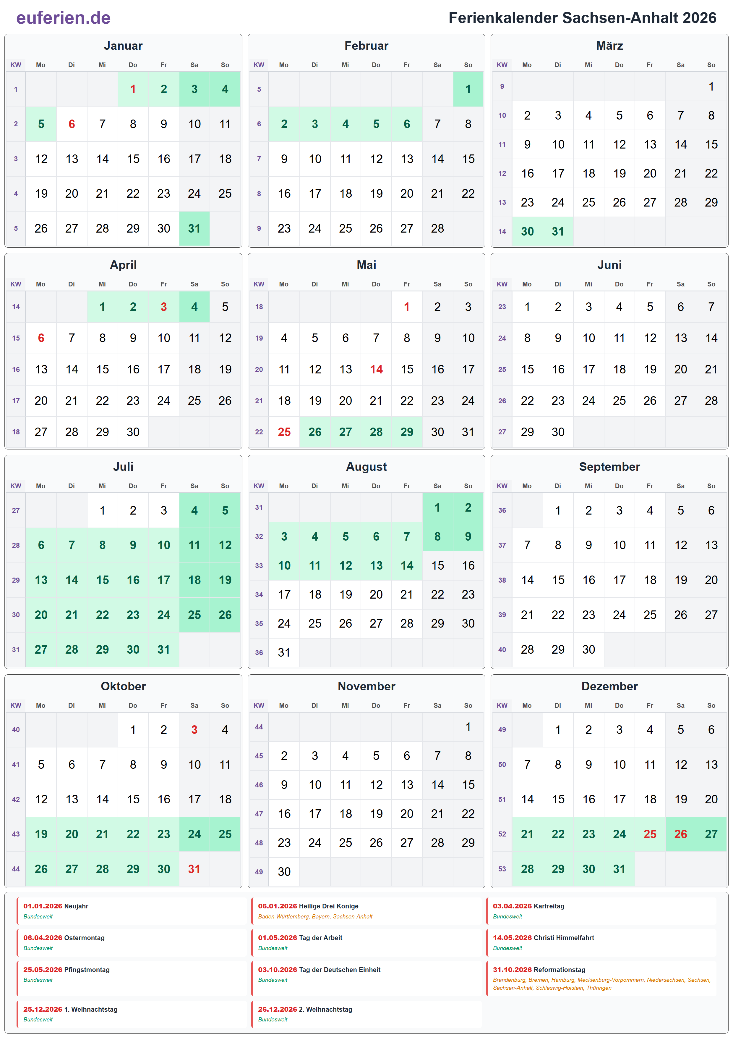 Ferienkalender Sachsen-Anhalt 2026 – Hochformat
