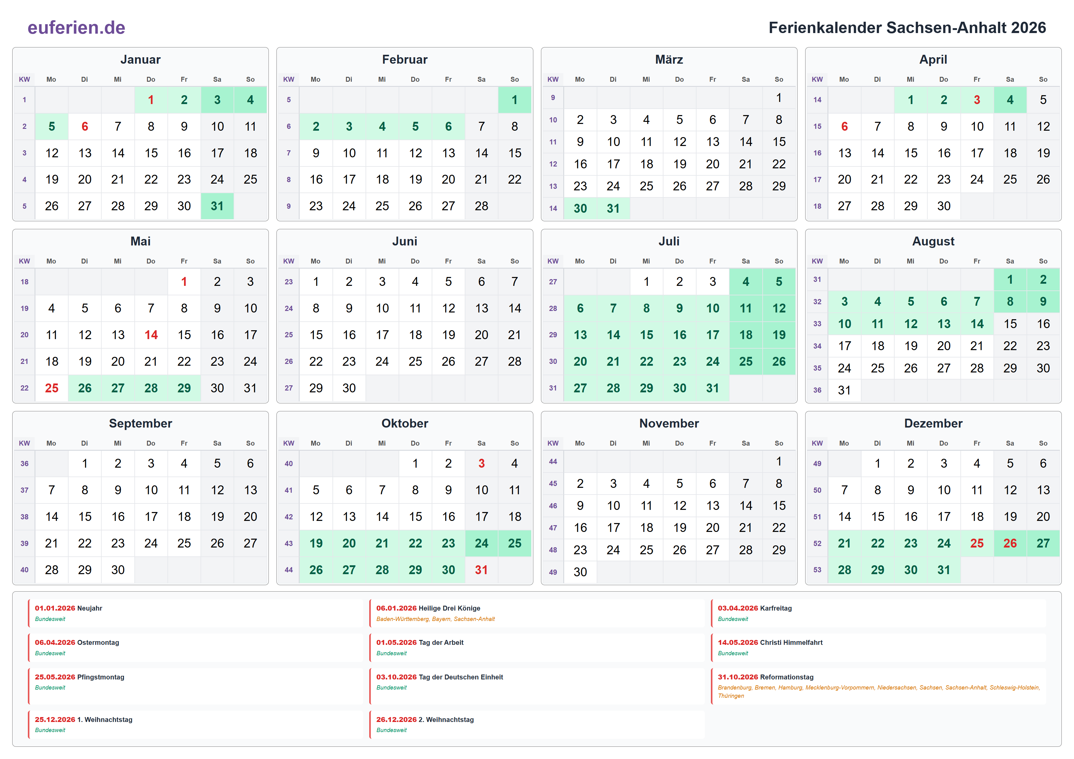 Ferienkalender Sachsen-Anhalt 2026 – Querformat
