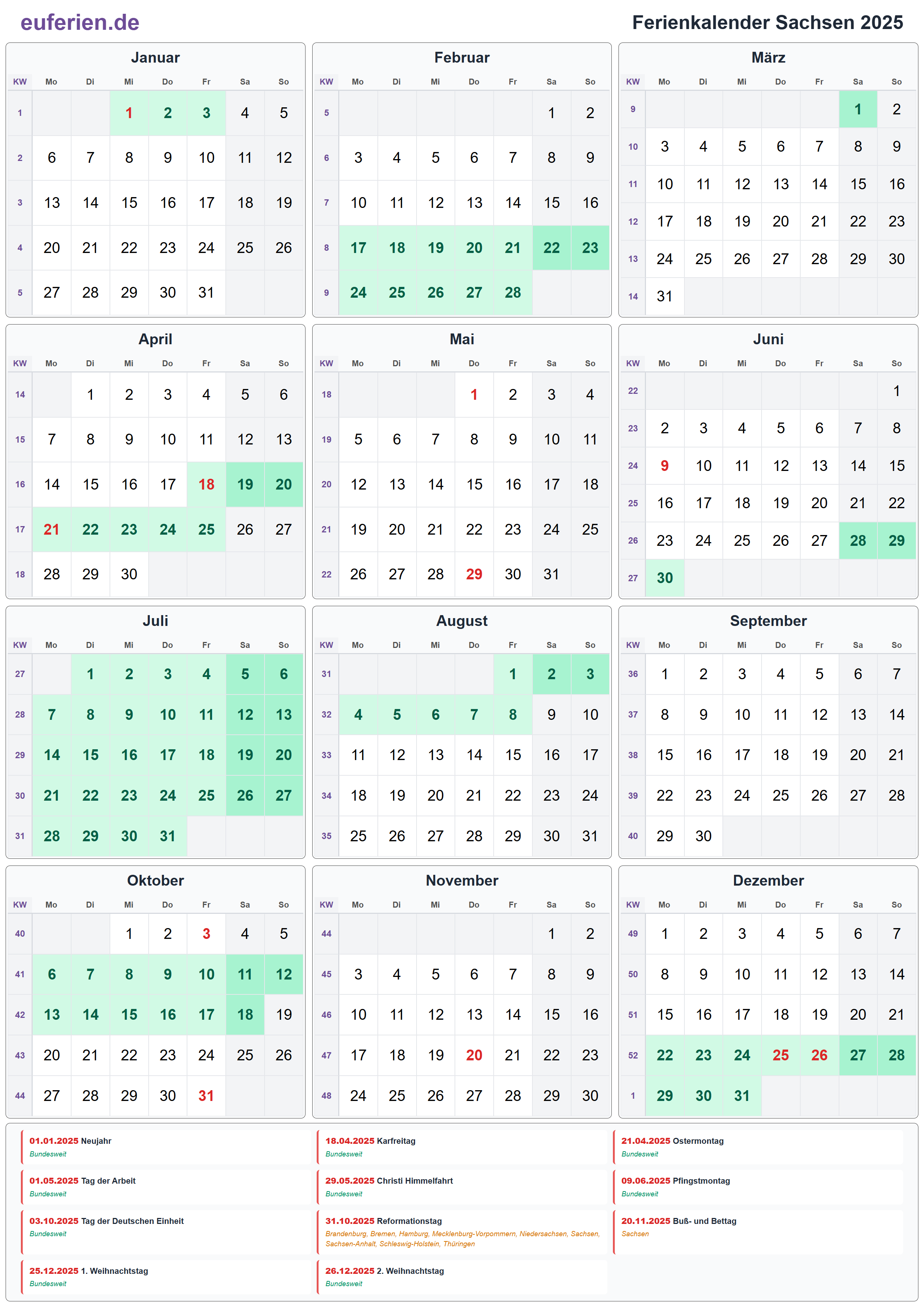 Ferienkalender Sachsen 2025 – Hochformat